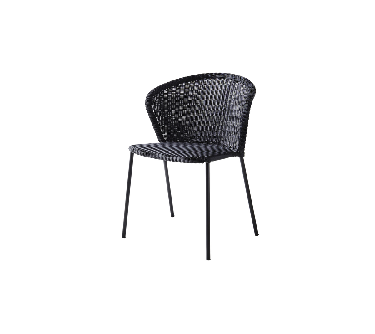 Stilig svart vevd stol med buet rygg og slanke metalben, perfekt for moderne eller samtidige omgivelser.