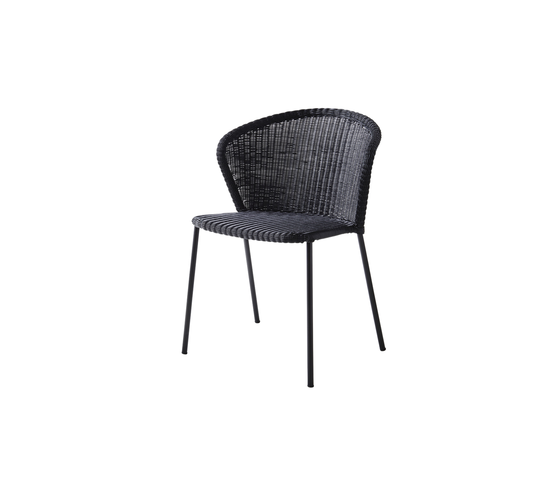 Stilig svart vevd stol med buet rygg og slanke metalben, perfekt for moderne eller samtidige omgivelser.