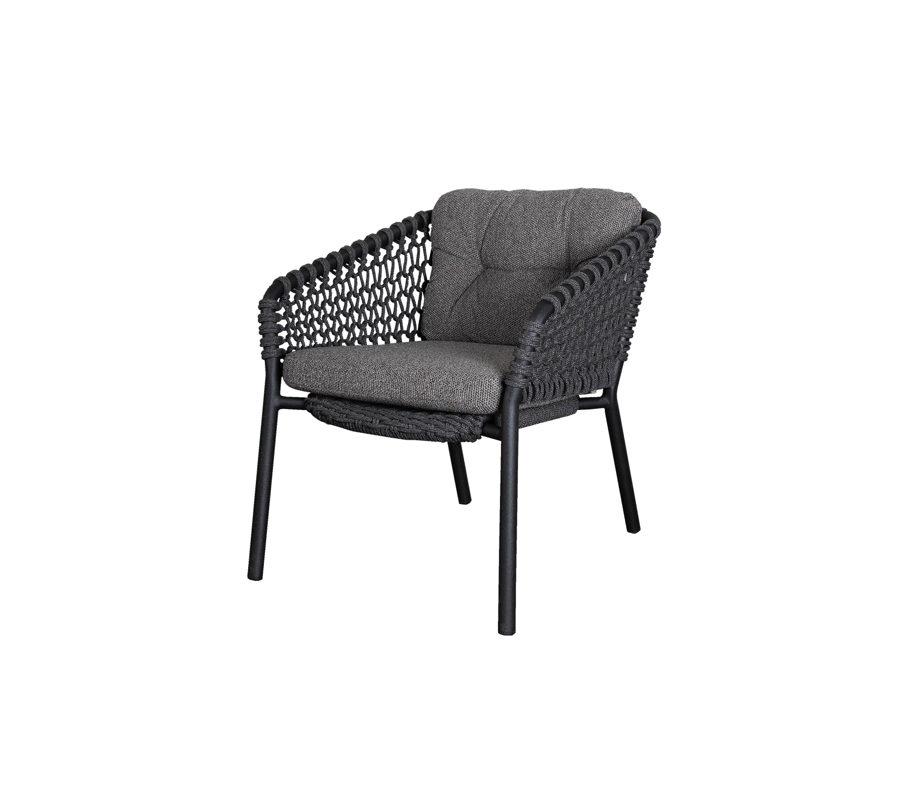 Stilig kurvstol med et komfortabelt grått pute, med en robust ramme og elegant design, perfekt for ethvert sitteområde.