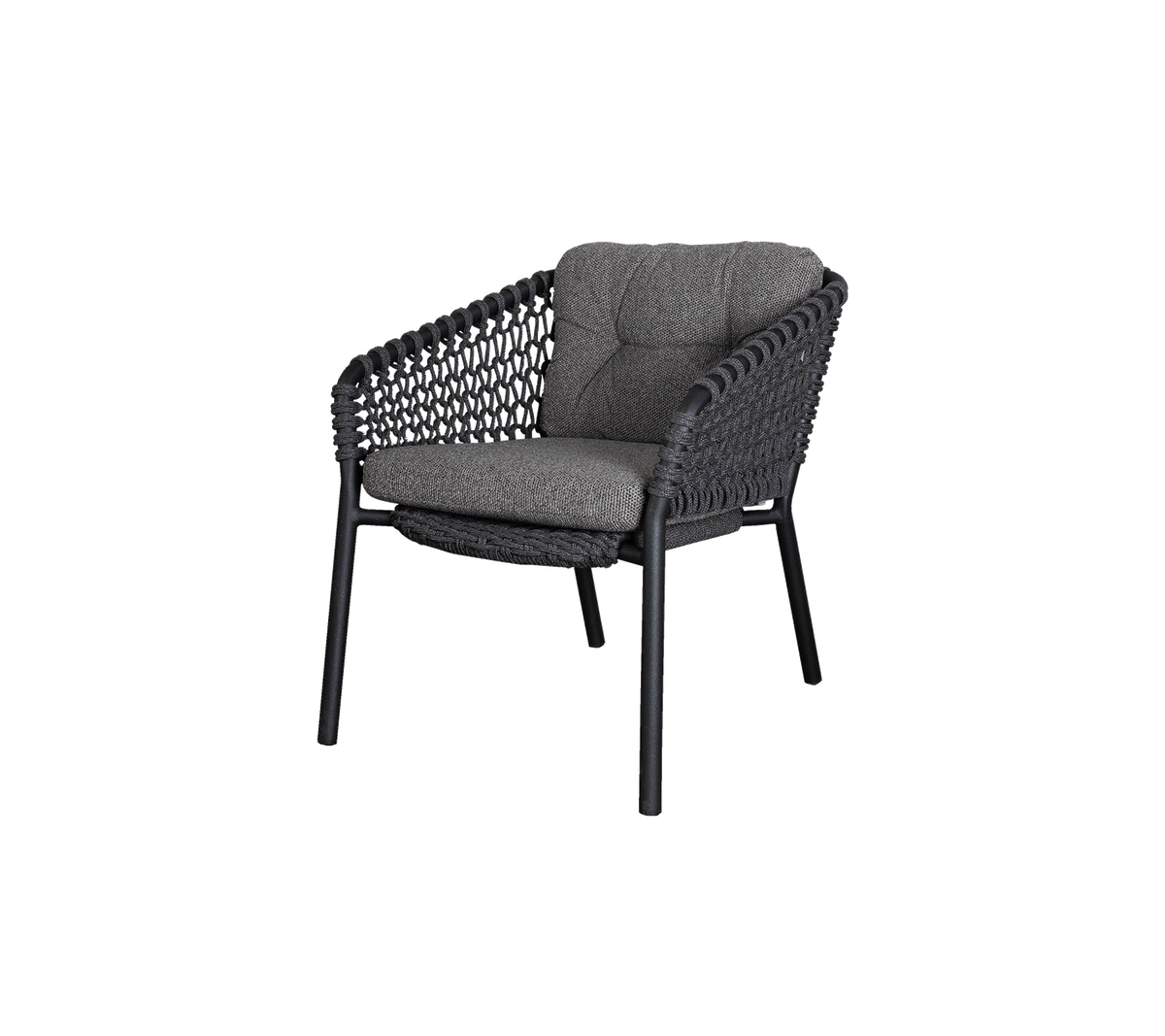 Stilig kurvstol med et komfortabelt grått pute, med en robust ramme og elegant design, perfekt for ethvert sitteområde.