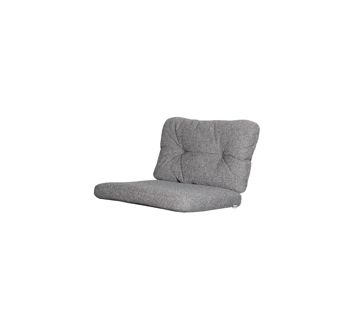 Grå polstret lenestol med tuftet rygg og lavprofilert design, ideell for uformell sitting og avslappet lounging.