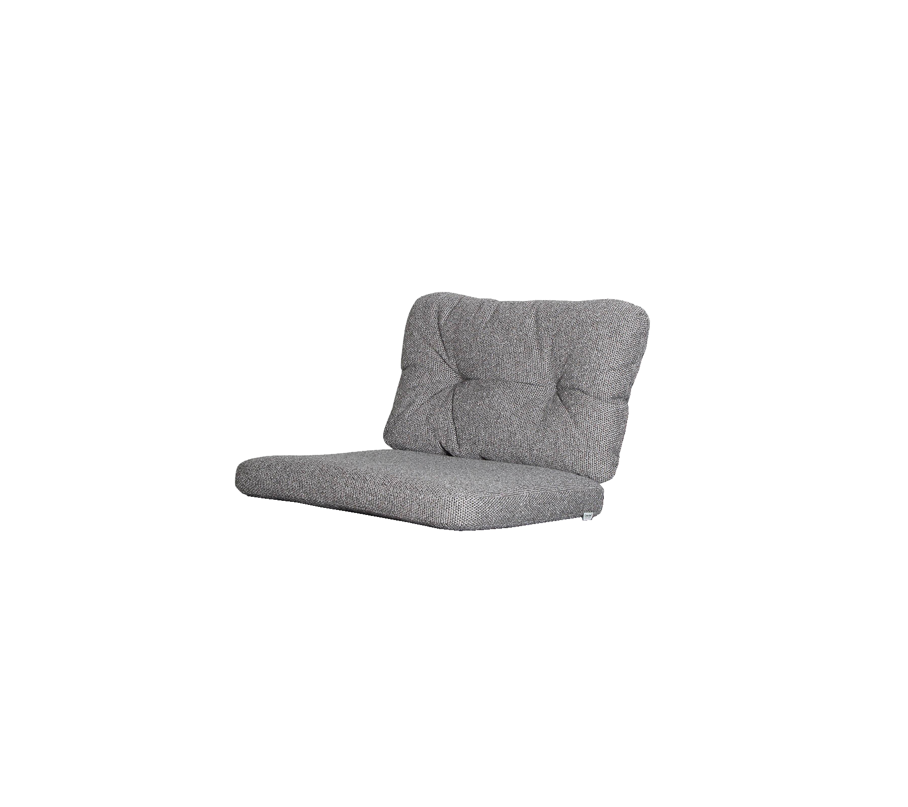 Grå polstret lenestol med tuftet rygg og lavprofilert design, ideell for uformell sitting og avslappet lounging.