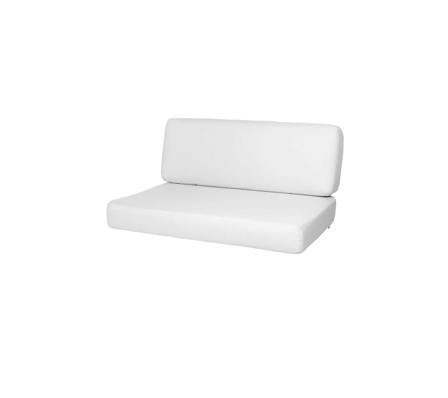 Hvit to-delt sofa med et enkelt, moderne design, med lav rygg og et komfortabelt sete. Ideell for minimalistisk estetikk.