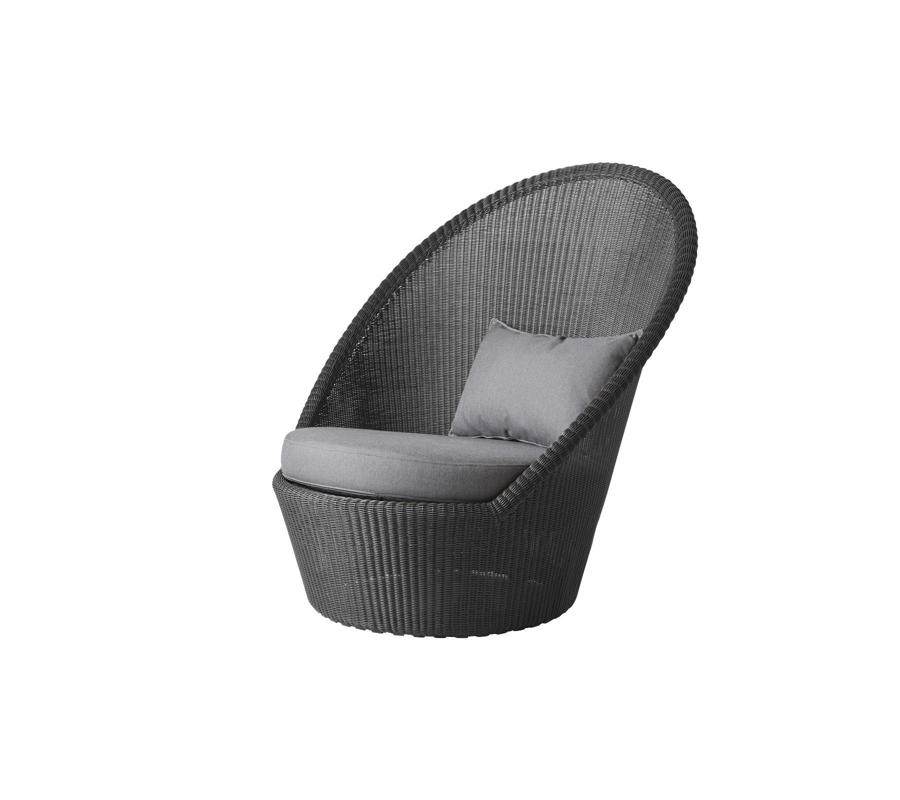 Stilig stol med et buet design, som har en komfortabel pute og en vevd tekstur i en slank grå farge. Ideell for avslapning.