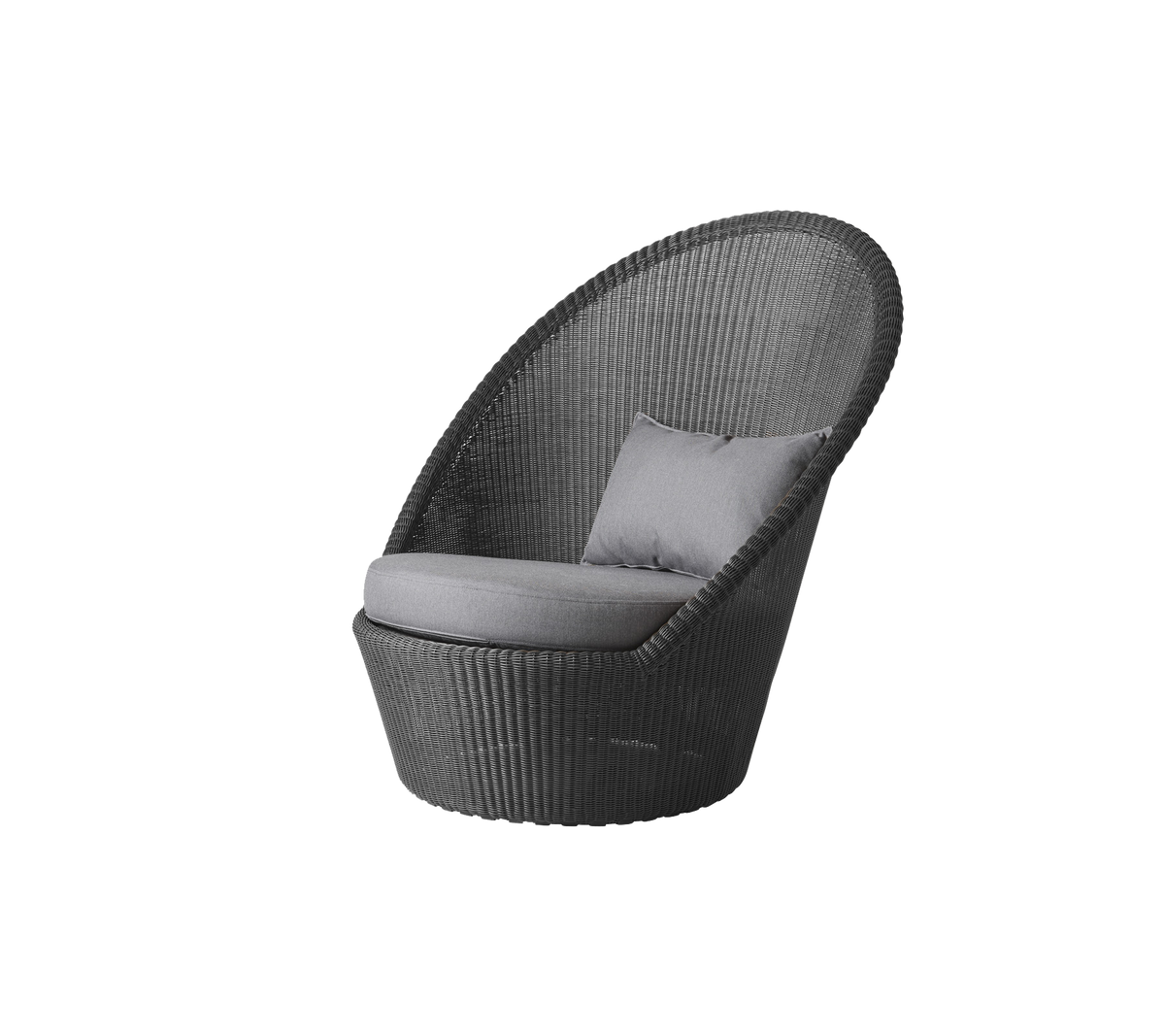 Stilig stol med et buet design, som har en komfortabel pute og en vevd tekstur i en slank grå farge. Ideell for avslapning.