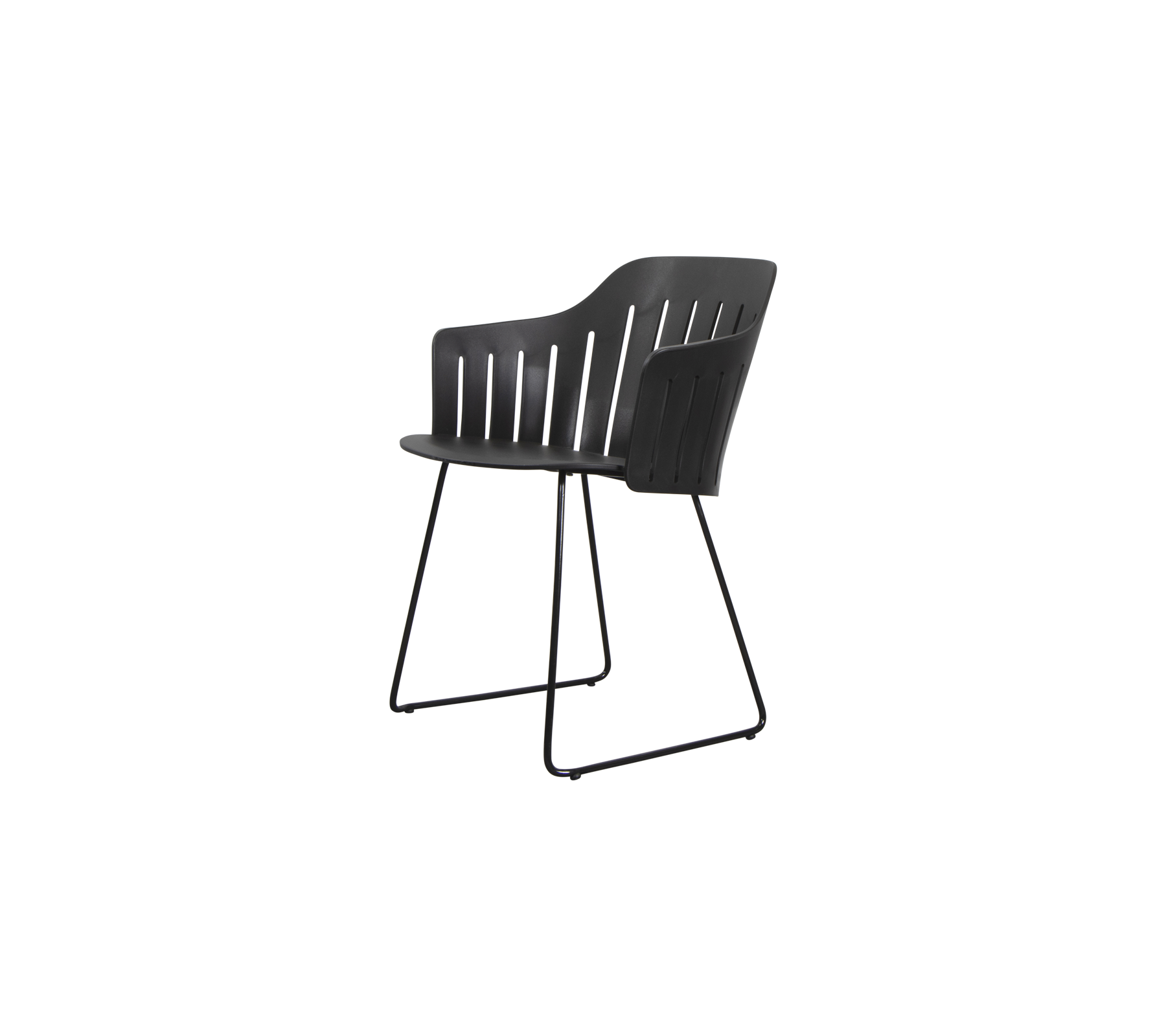 Stilig stol med et strømlinjeformet design, buet ryggstøtte og robuste metallben, ideell for moderne sitting.