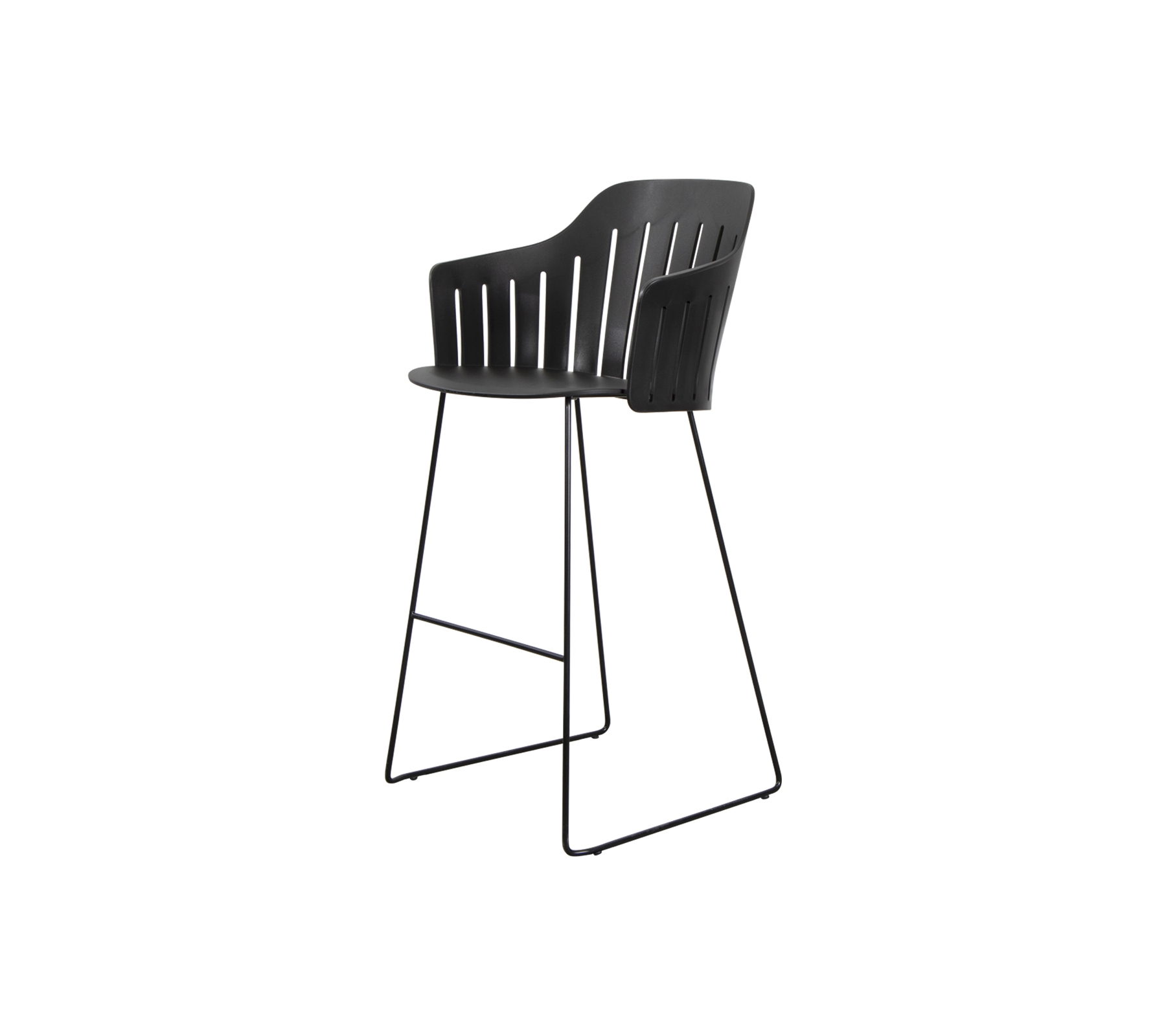 Svart barstol med buet ryggstøtte og slanke metallbein, designet for både stil og komfort.