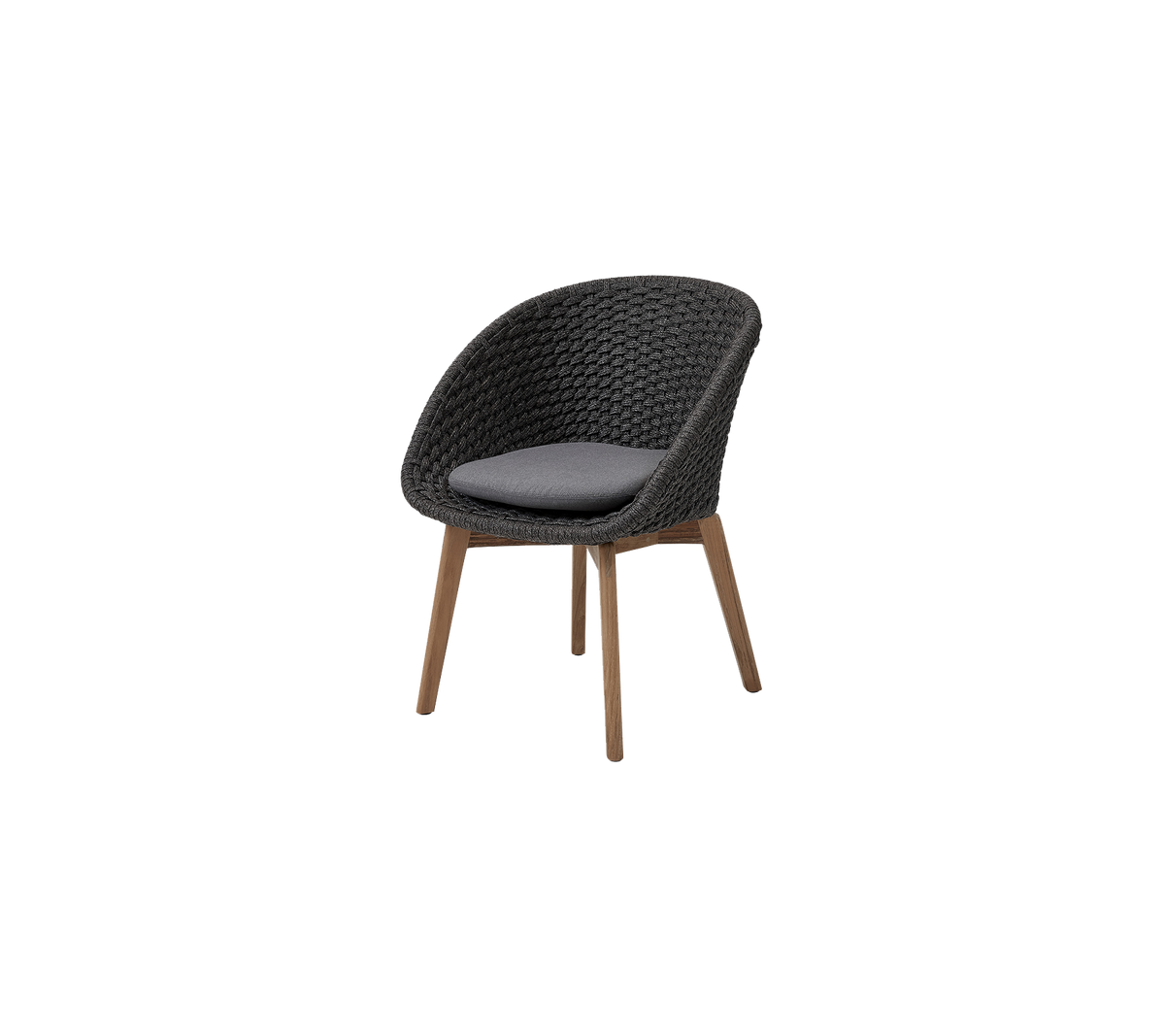 Stilig stol med et vevd design og en polstret sete, komplettert med ben i tre for økt eleganse og komfort.