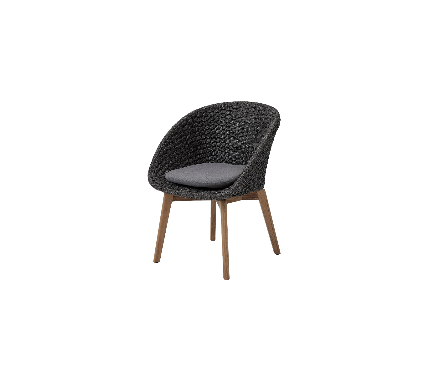 Stilig stol med et vevd design og en polstret sete, komplettert med ben i tre for økt eleganse og komfort.