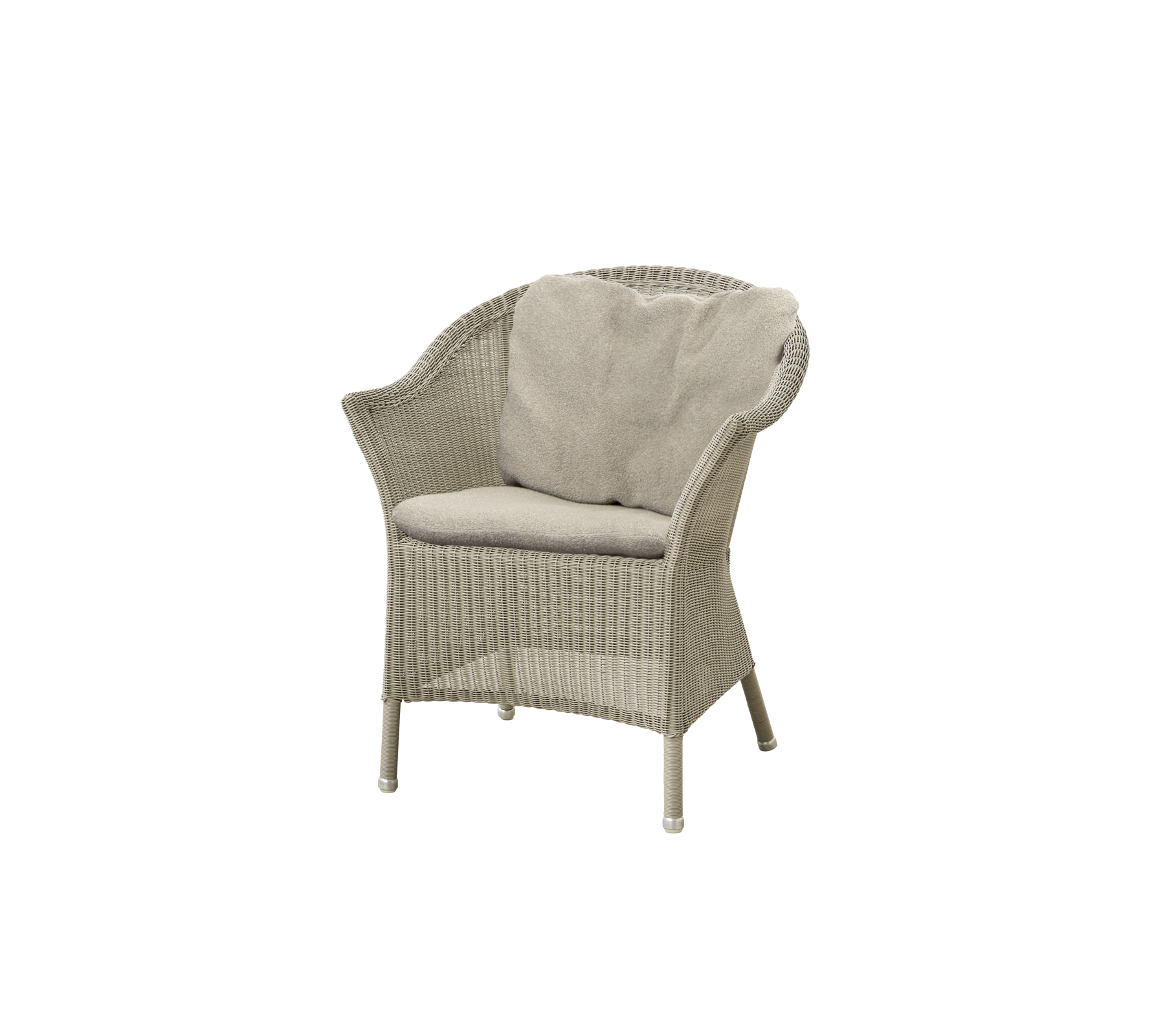 Woven chair with a light-colored cushion, featuring a curved backrest and sturdy legs, perfect for relaxing.