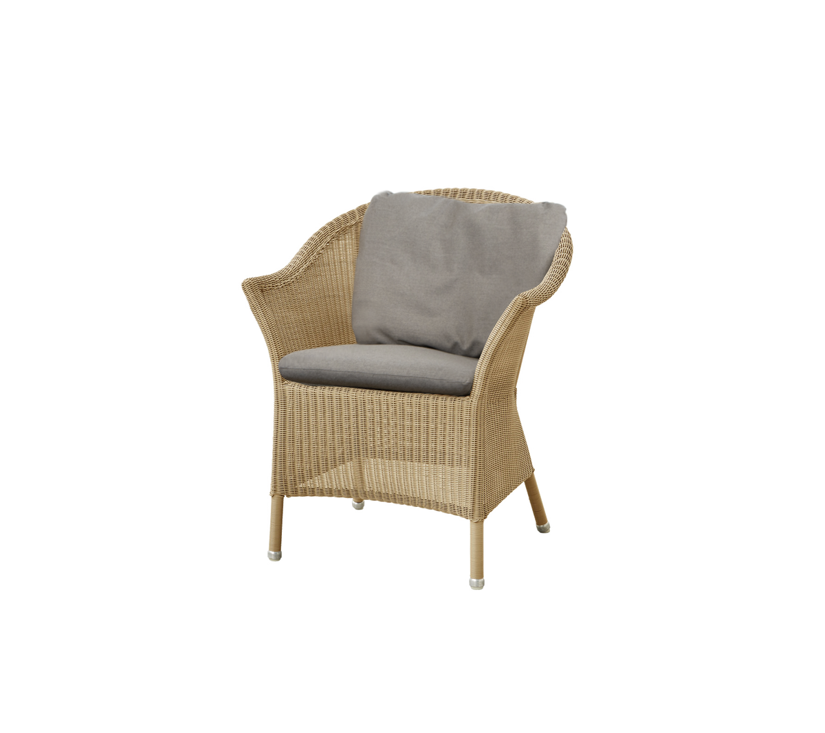 En komfortabel vevd stol med en myk grå pute, ideell for avslapning og uformell sitting.