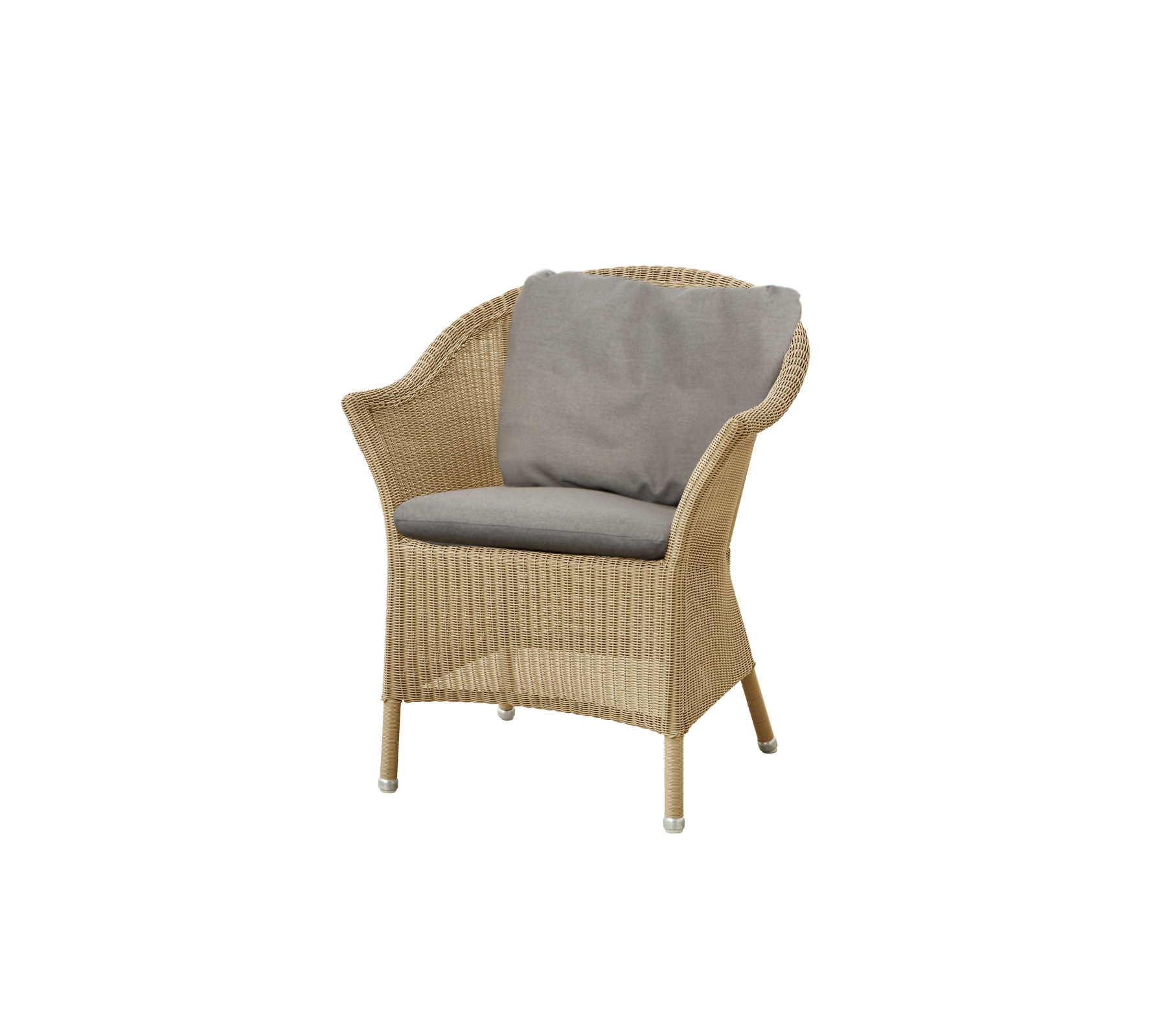 En komfortabel vevd stol med en myk grå pute, ideell for avslapning og uformell sitting.