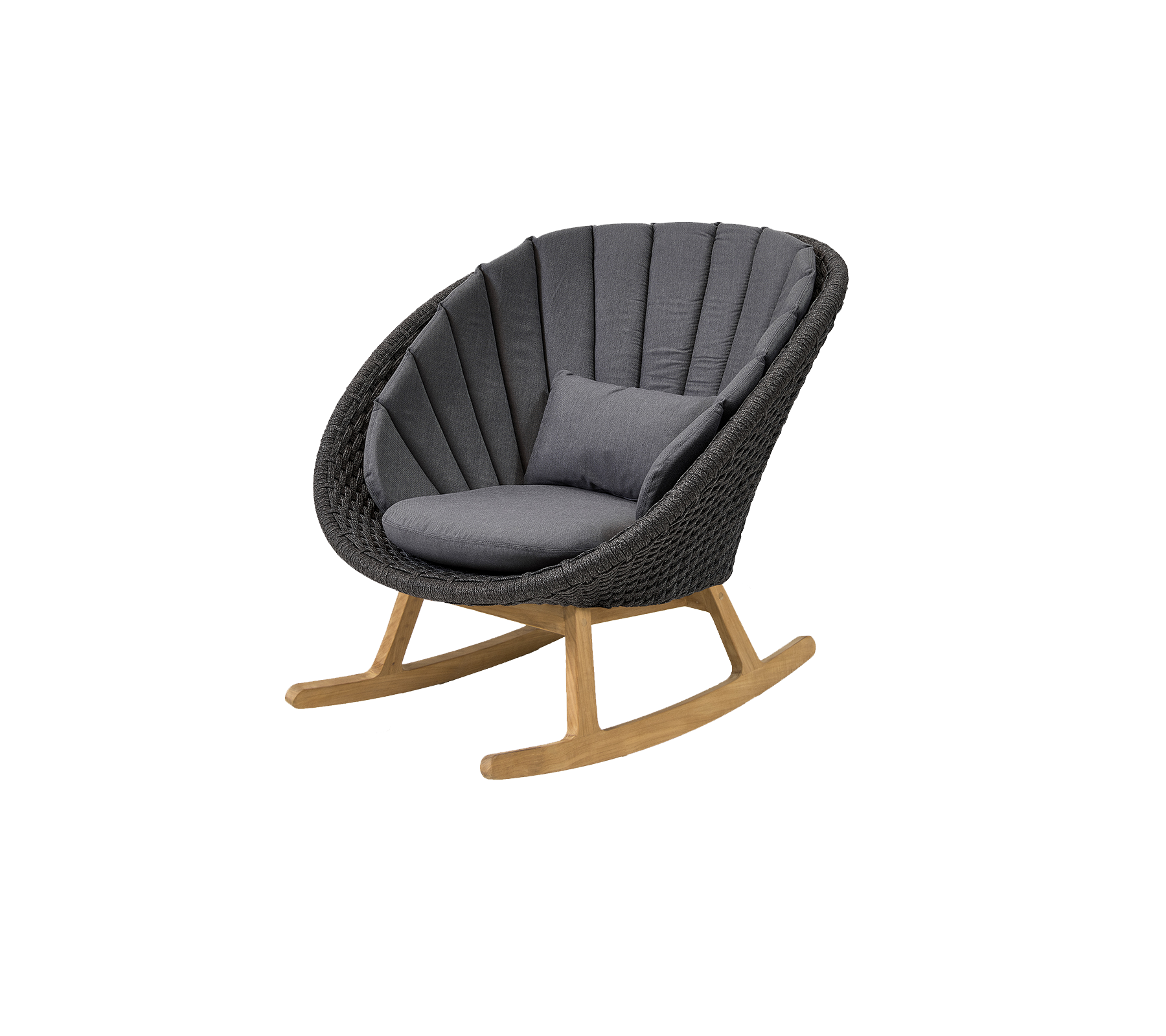 Stilig gyngestol med buet design, med en komfortabel grå pute og en naturlig tresokkel for et moderne preg.