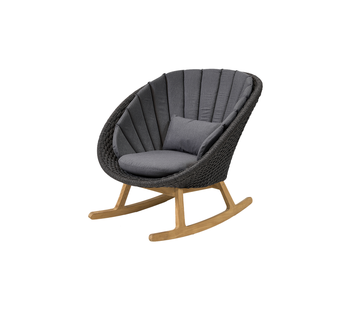Stilig gyngestol med buet design, med en komfortabel grå pute og en naturlig tresokkel for et moderne preg.