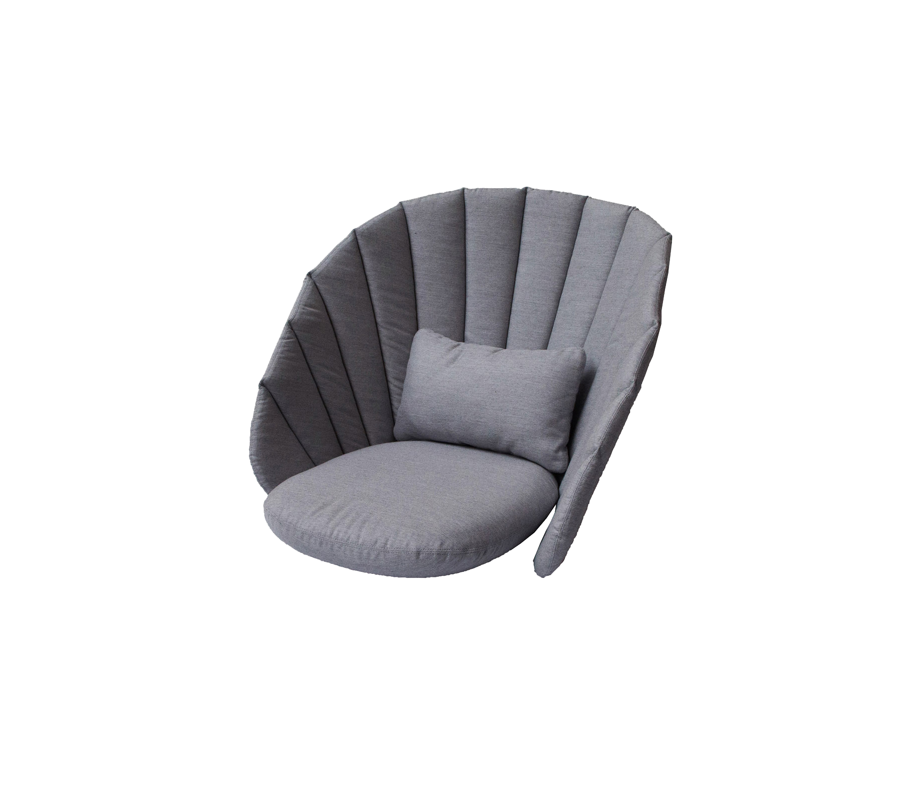 Stilig grå loungestol med rundet design og en myk pute, som gir en koselig sitteopplevelse.