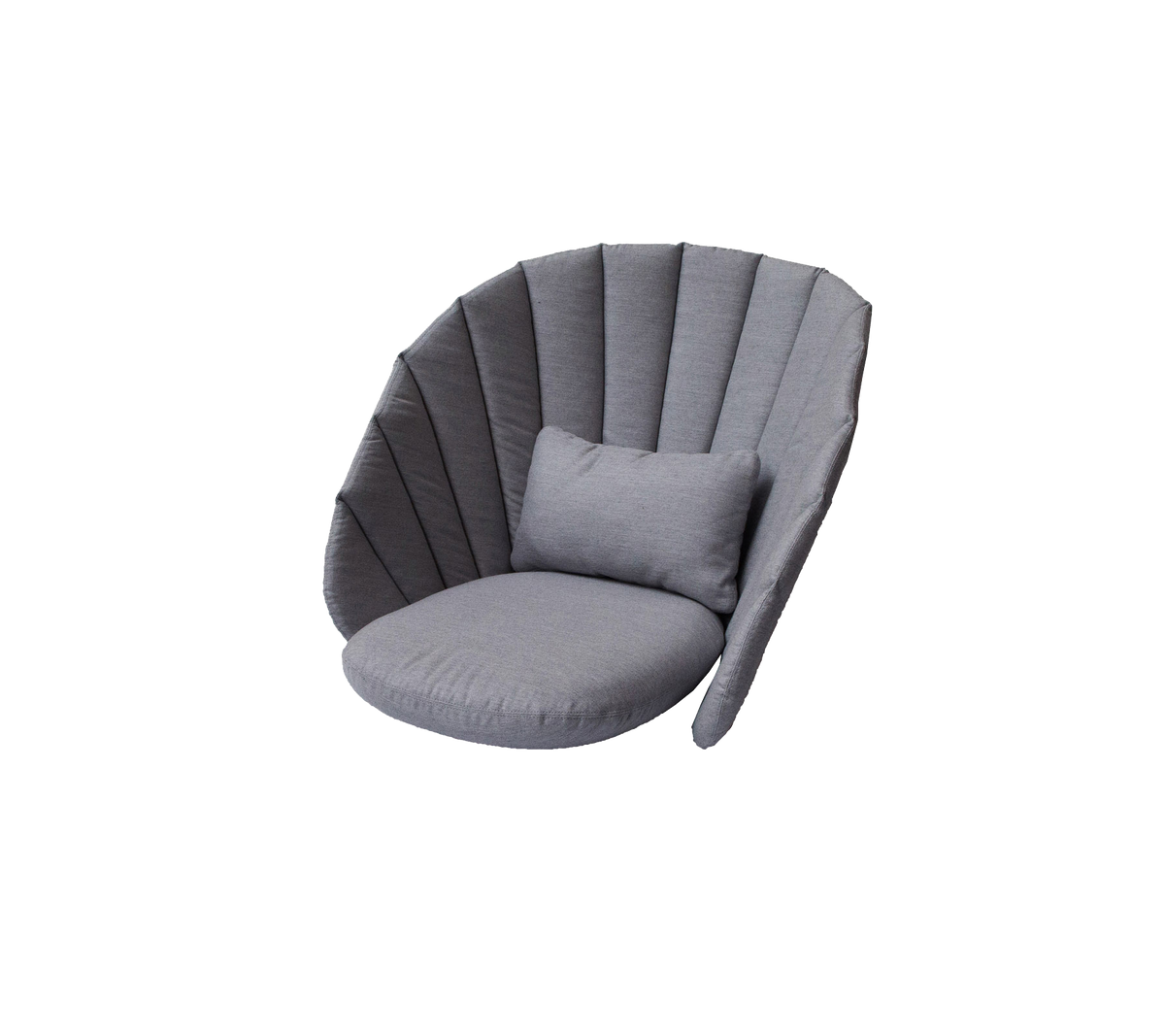 Stilig grå loungestol med rundet design og en myk pute, som gir en koselig sitteopplevelse.