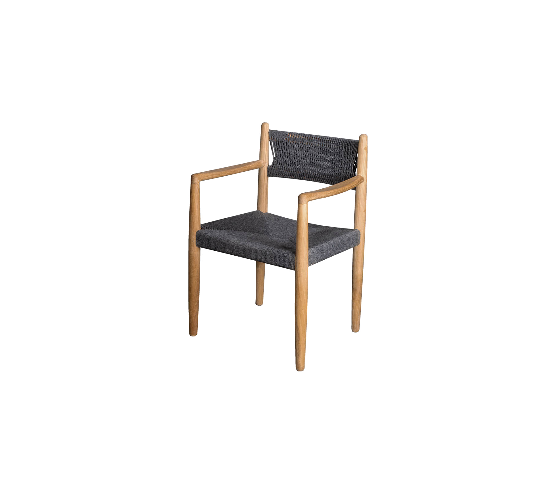Stilig stol med tre ramme og mørkt stofftrekk, med armlener og et moderne design.