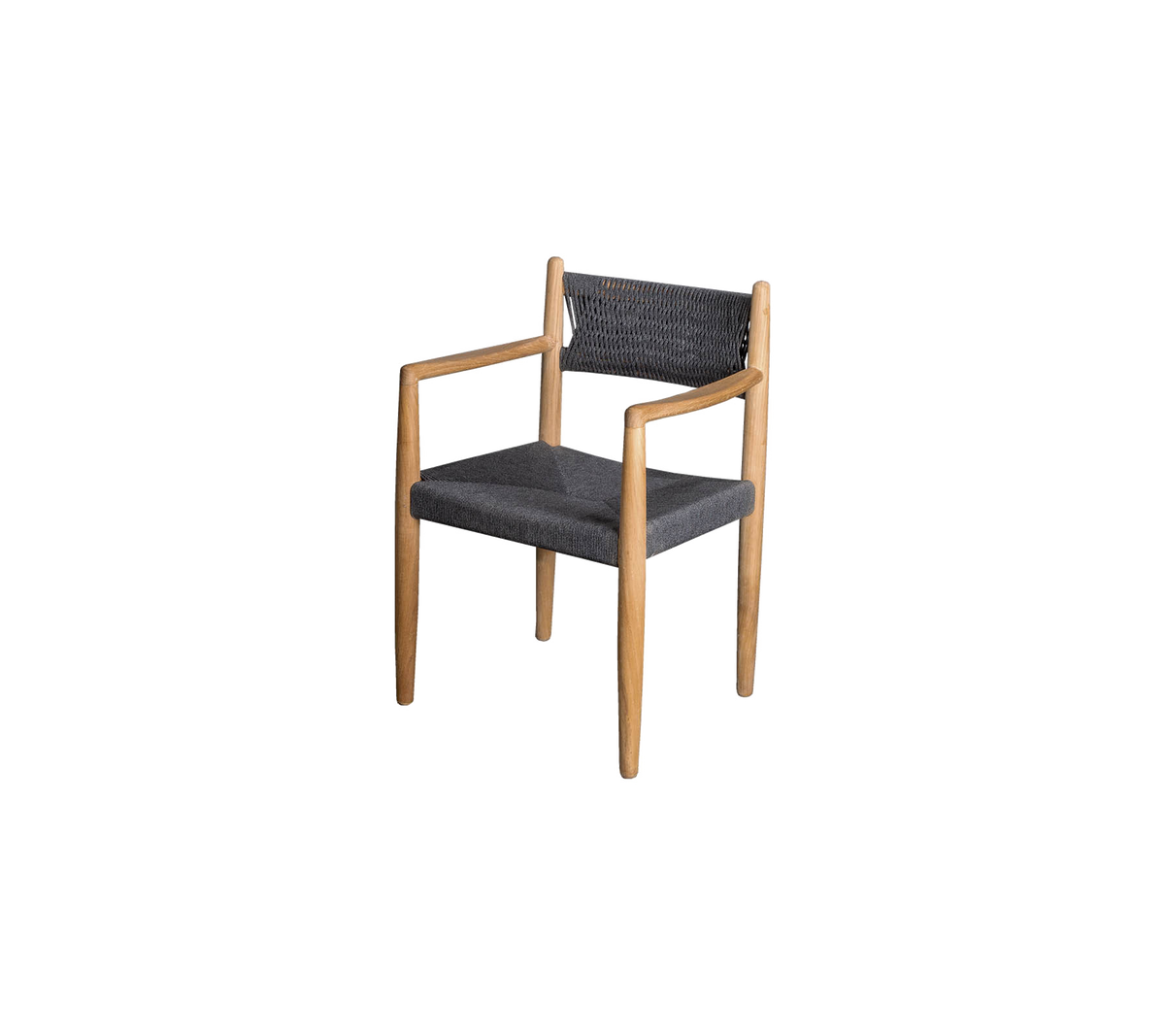 Stilig stol med tre ramme og mørkt stofftrekk, med armlener og et moderne design.