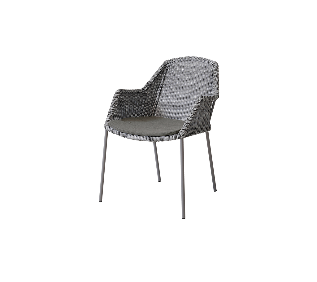 Stylish gray chair with a woven texture and comfortable armrests, featuring sleek legs and a contemporary design.