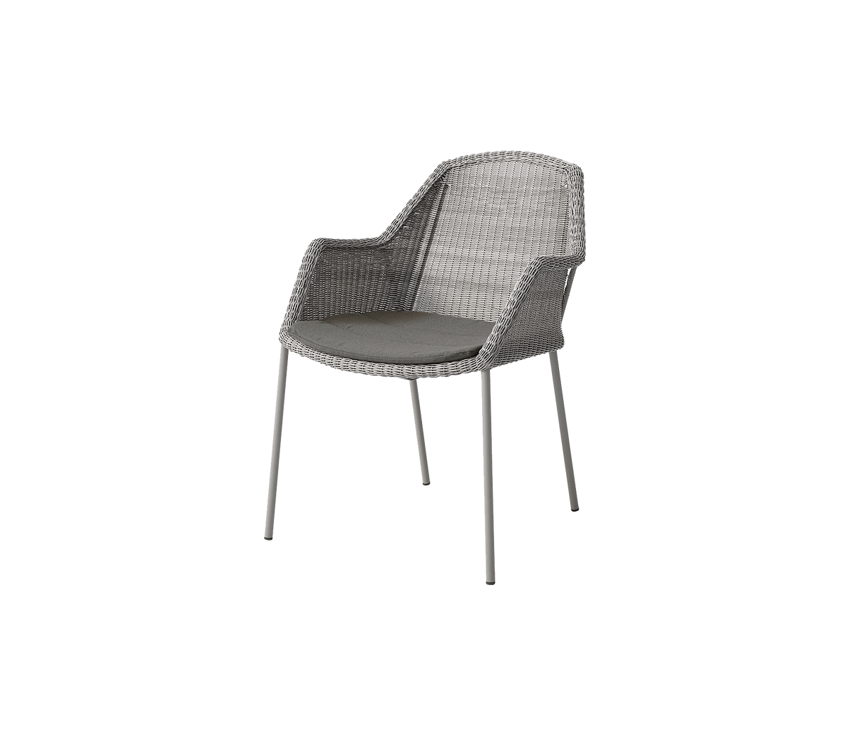 En moderne stol med et vevd design og polstret sete, støttet av slanke metallben i en nøytral grå tone.