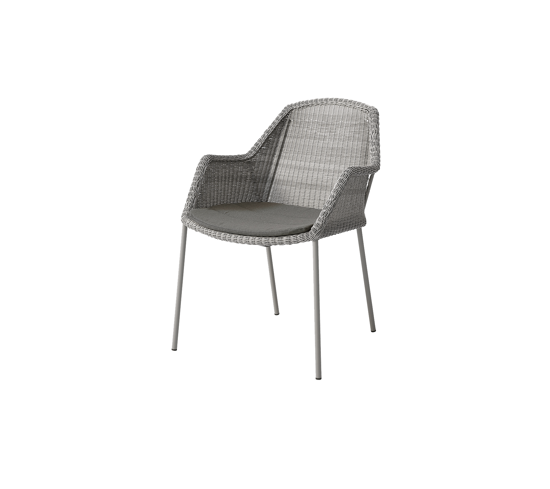 En moderne stol med et vevd design og polstret sete, støttet av slanke metallben i en nøytral grå tone.