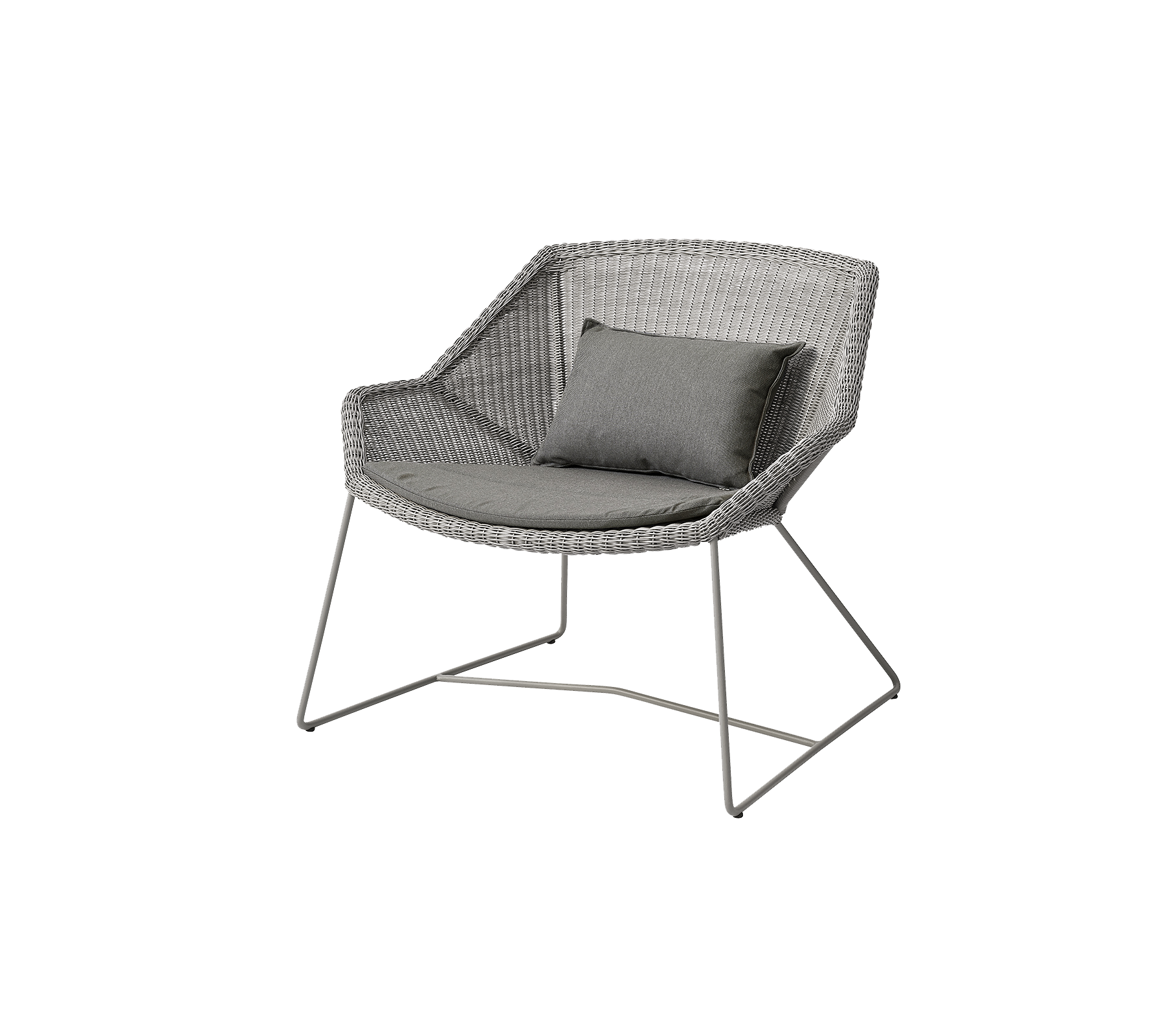 Stilig stol med et grått vevd design og en komfortabel grå pute, med slanke metallben for moderne appell.