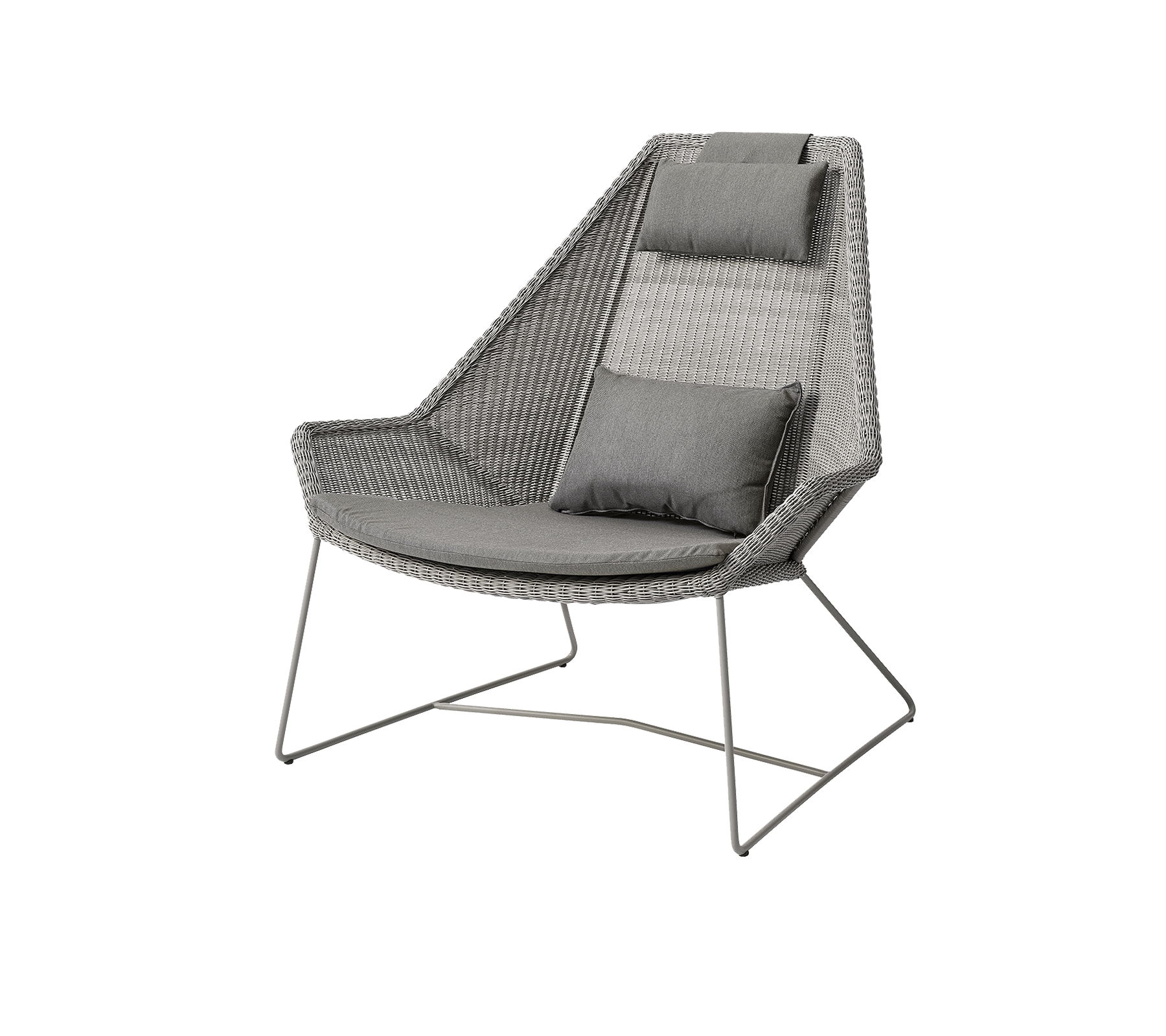 Stilig stol med en glatt vevd design og komfortable grå puter, perfekt for moderne rom.
