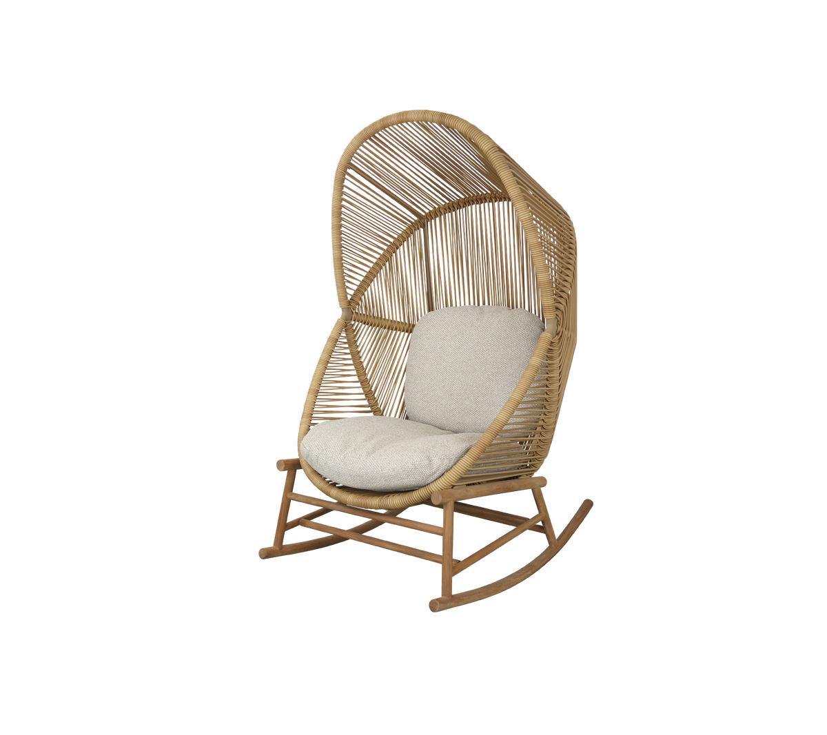 En stilig gyngestol med et vevd design og en myk pute, perfekt for koselig avslapning.