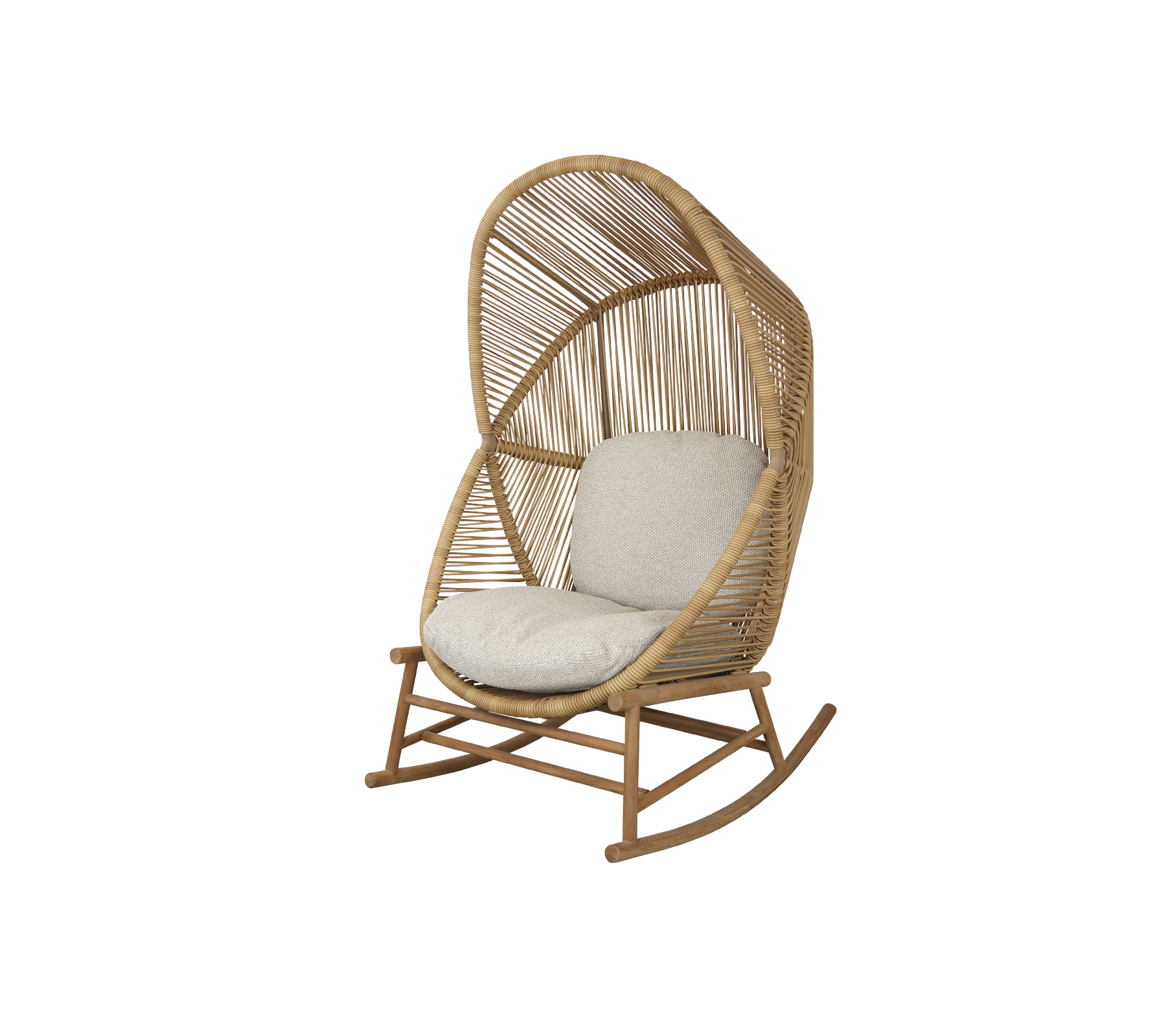 En stilig gyngestol med et vevd design og en myk pute, perfekt for koselig avslapning.