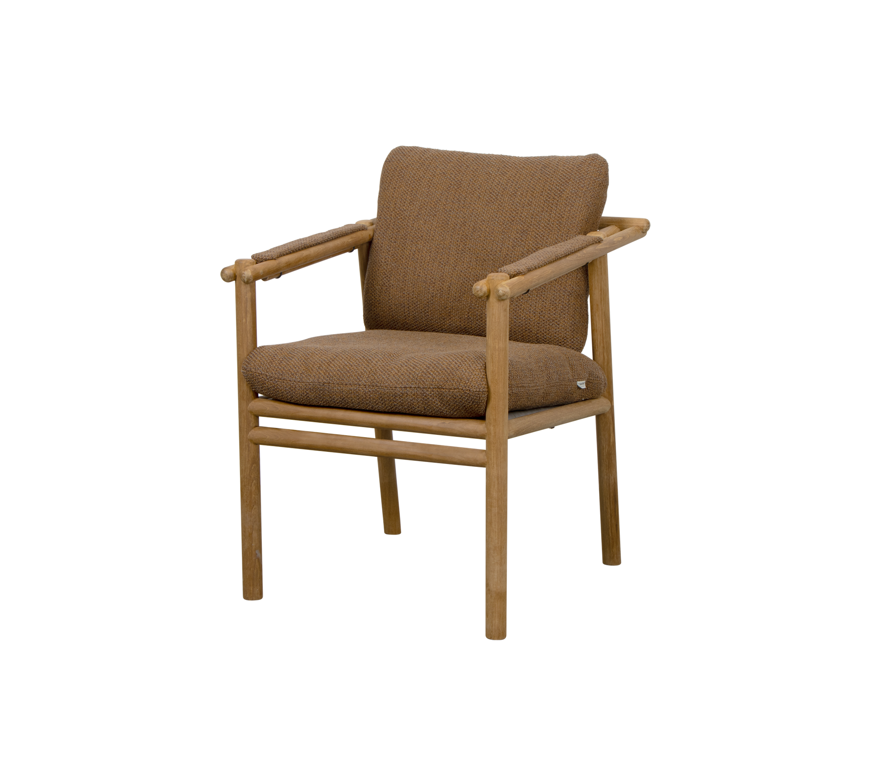 Brun polstret stol med trearmlener og minimalistisk design, passende for ulike miljøer.
