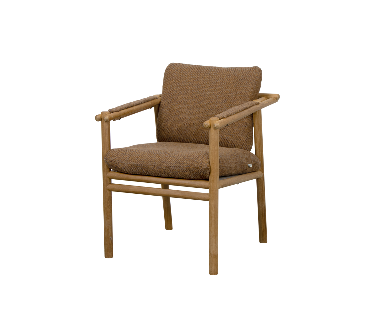 Brun polstret stol med trearmlener og minimalistisk design, passende for ulike miljøer.