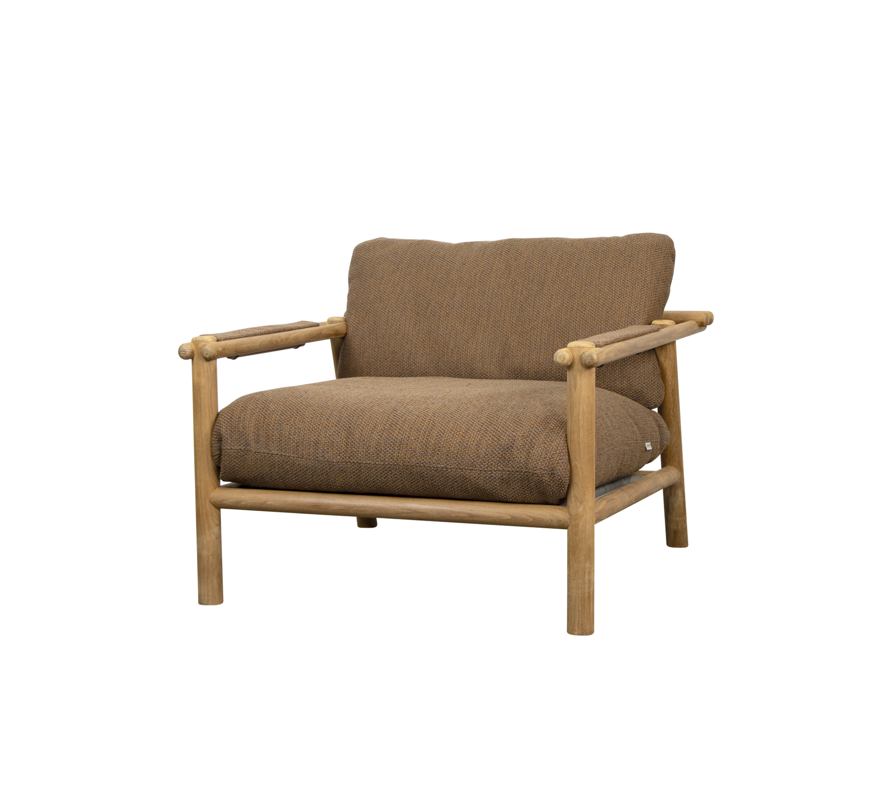 En komfortabel stol med en treramme og myke brune puter, designet for avslapning og stil.