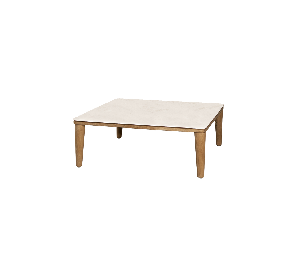 Firkantet bord med en lysfarget topp og treben, som tilbyr et minimalistisk design som passer til forskjellige omgivelser.