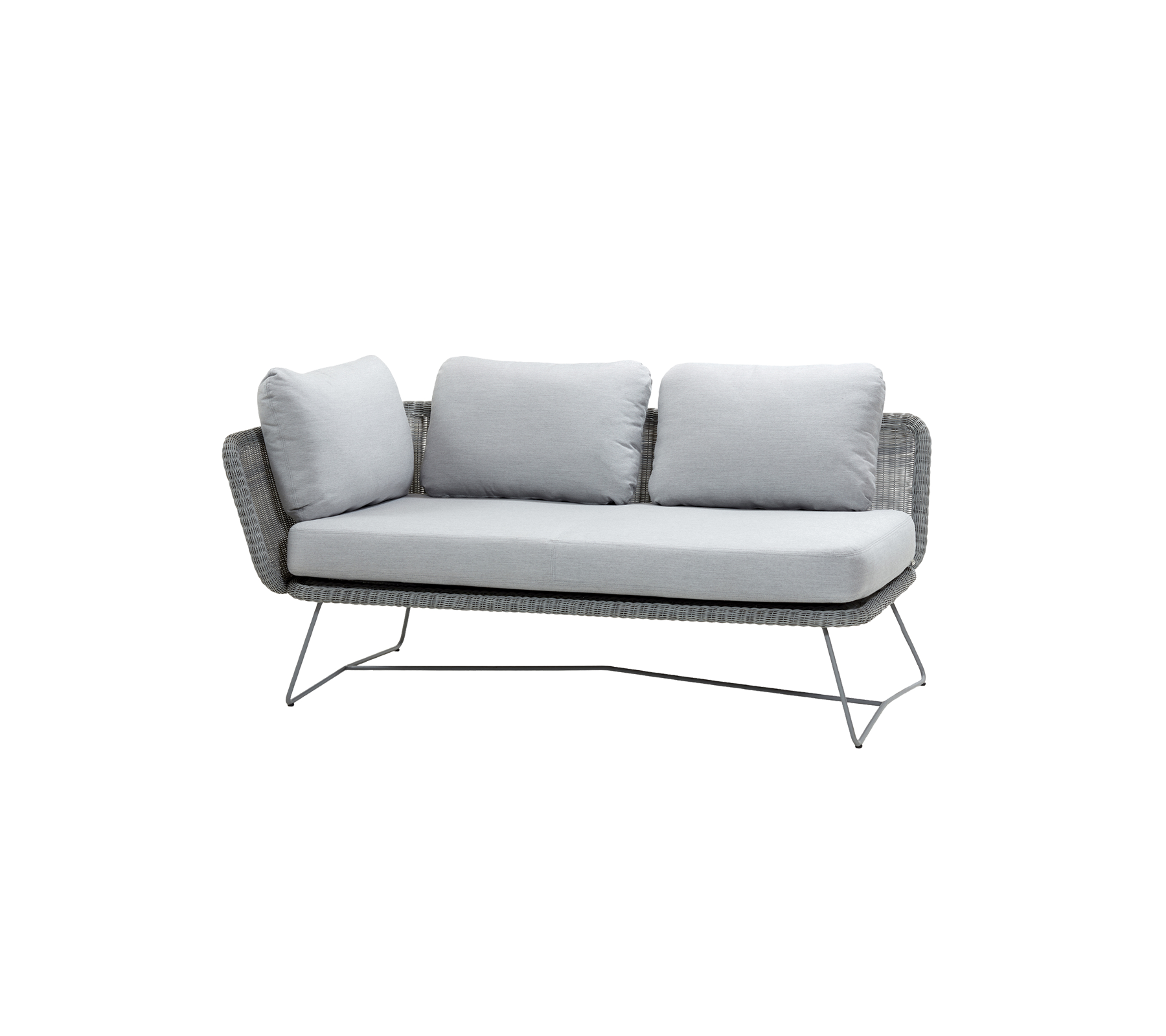 Moderne sofa med en slank grå ramme og myke lysegrå puter, designet for komfort og stil. Ideell for ethvert avslapningsrom.