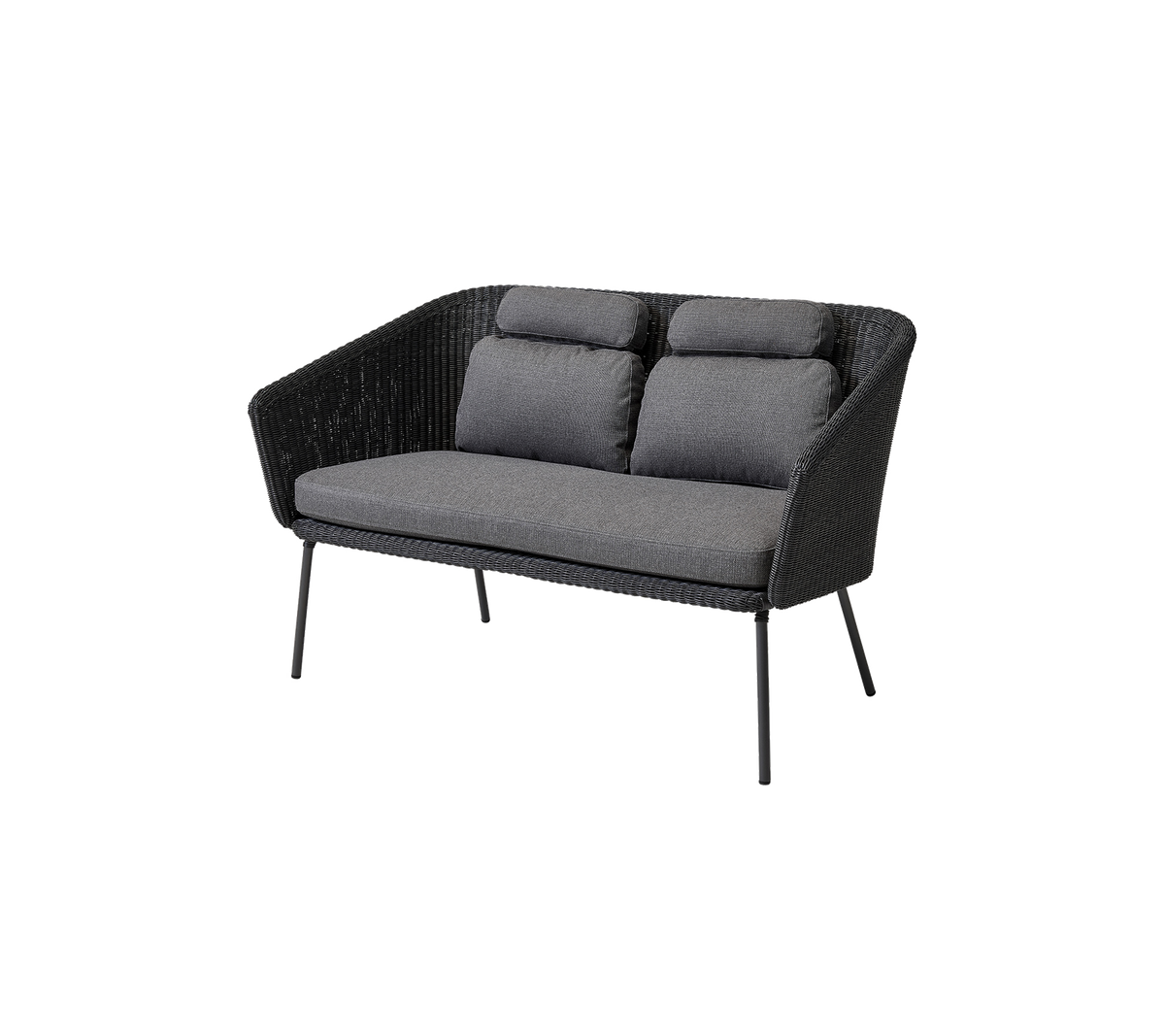 Stilig to-seters sofa med et vevd design og myke grå puter, perfekt for moderne dekor.