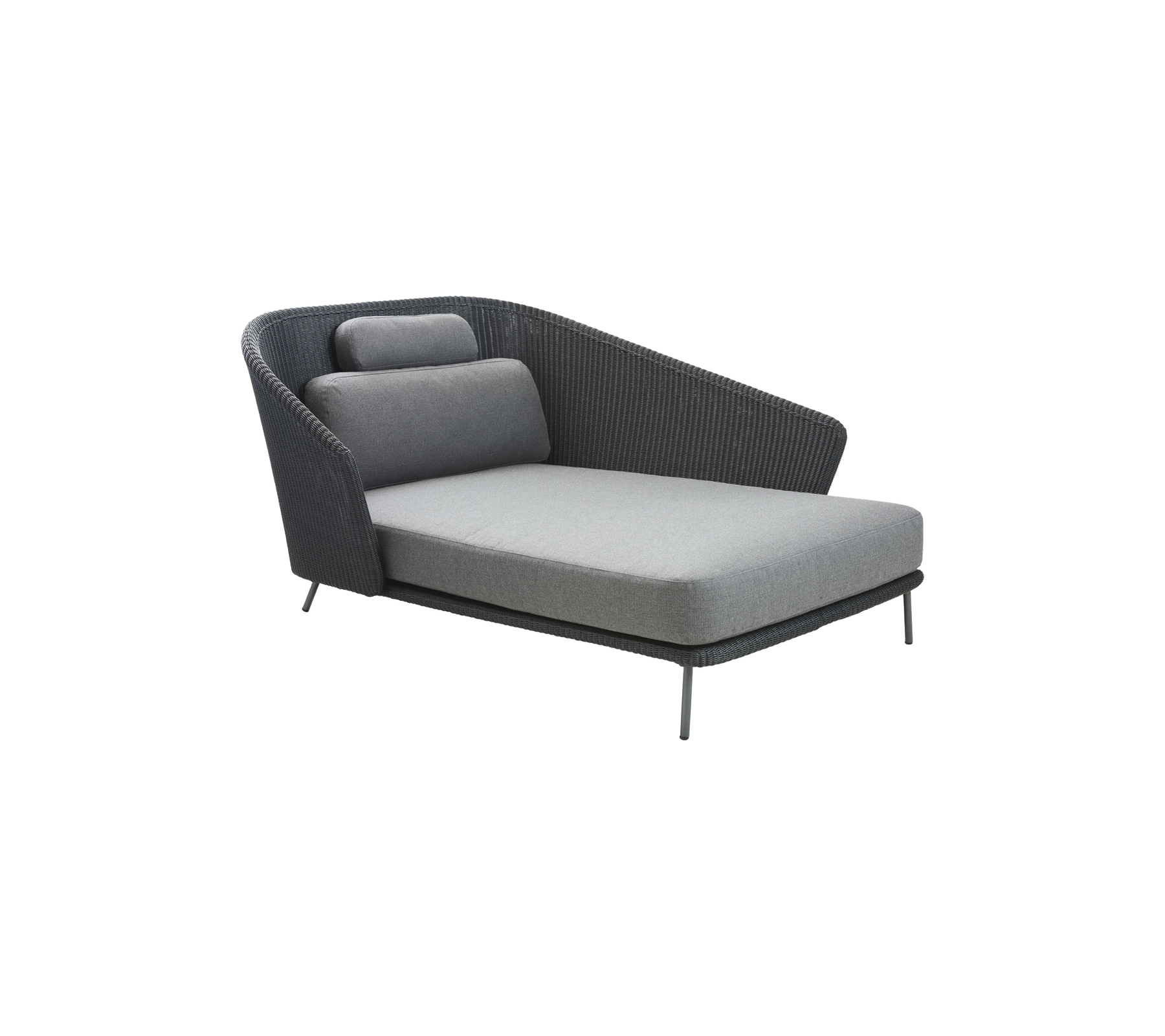 Moderne lenestol med et slankt design, med et grått stoffsete og ryggstøtte, supplert med en unik form på armlenet.
