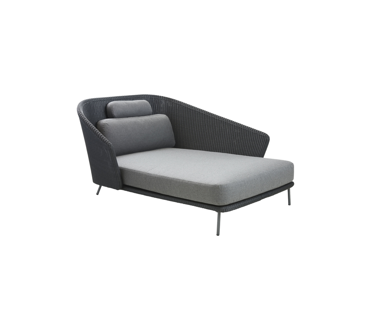 Moderne lenestol med et slankt design, med et grått stoffsete og ryggstøtte, supplert med en unik form på armlenet.