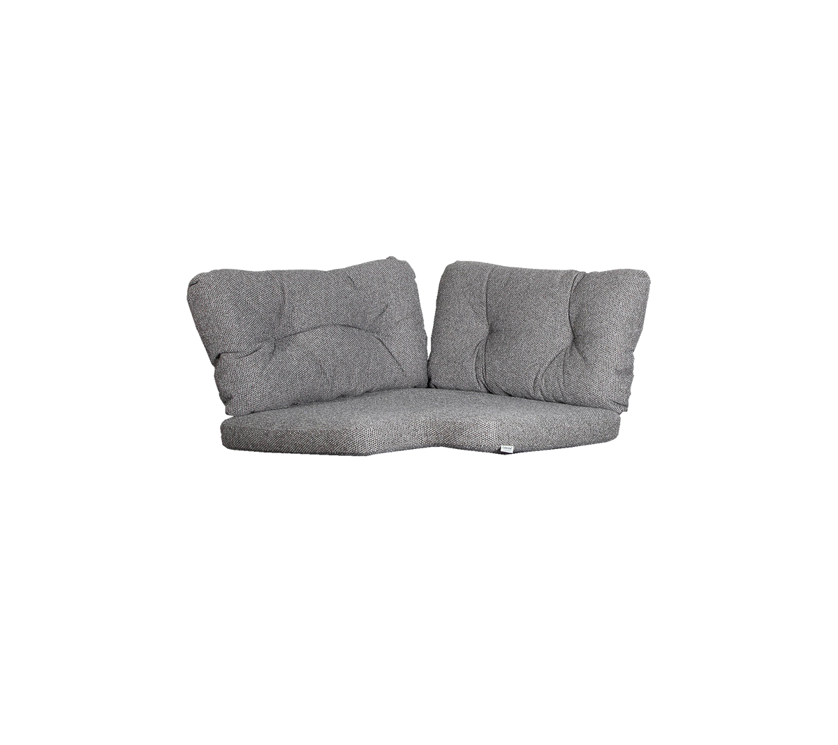Grå to-seters lounge med myke puter, med moderne design og buet form for komfort og stil.