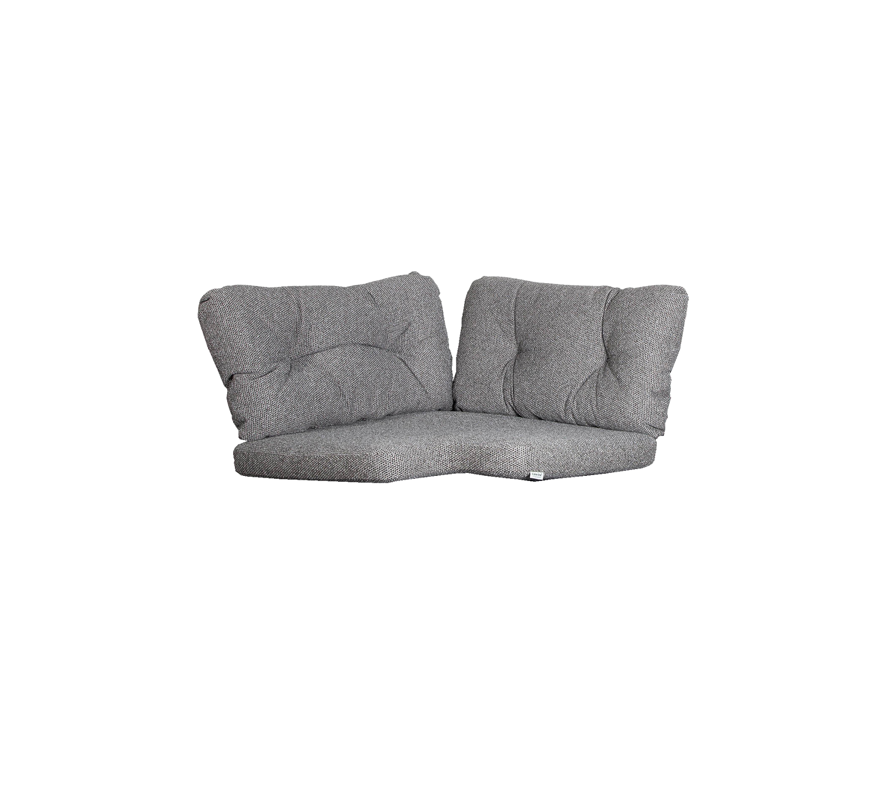 Grå to-seters lounge med myke puter, med moderne design og buet form for komfort og stil.