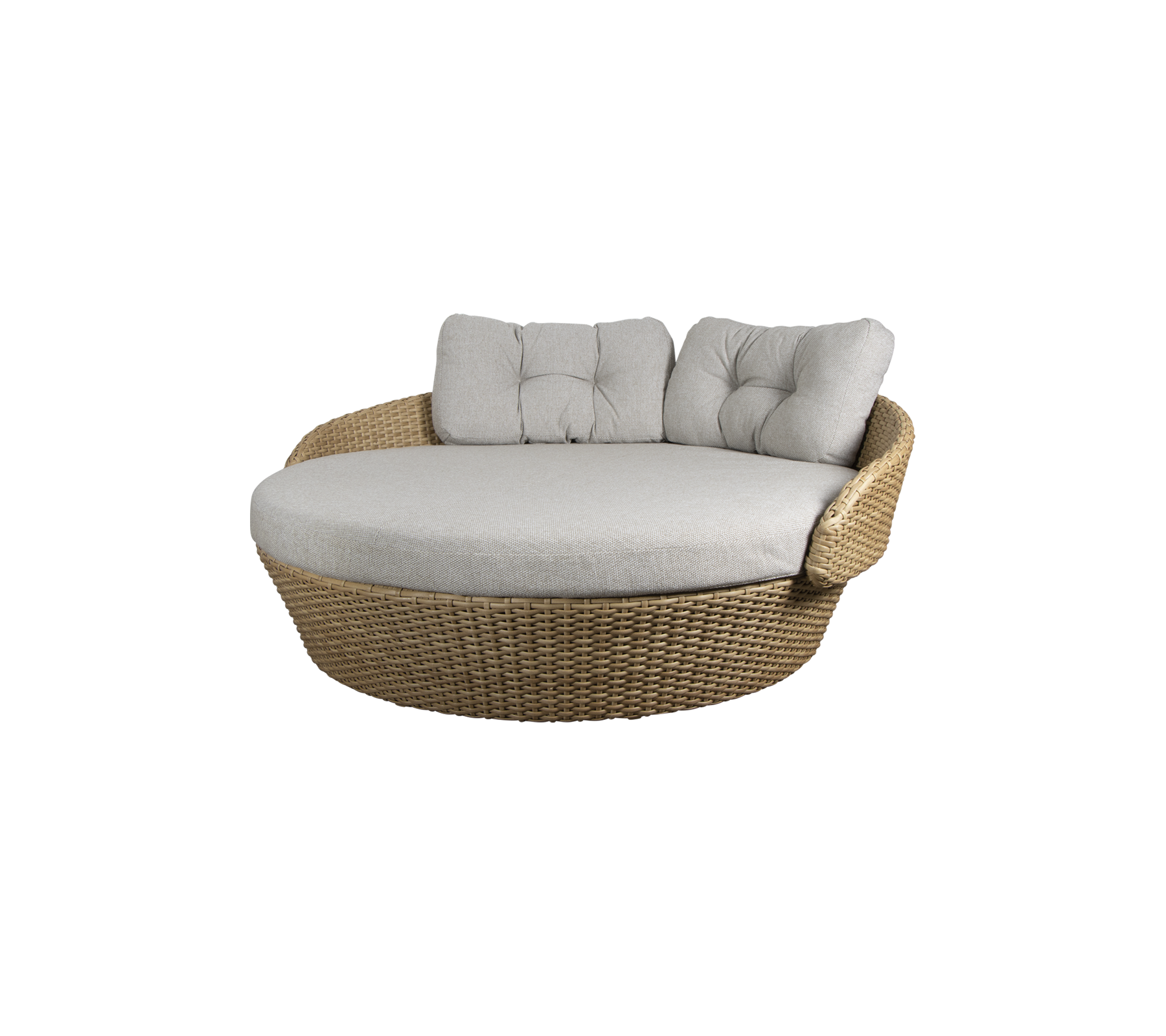 Rund flettet loungestol med myke grå puter, designet for komfort og avslapning. Ideell for avslapning eller sosialisering.