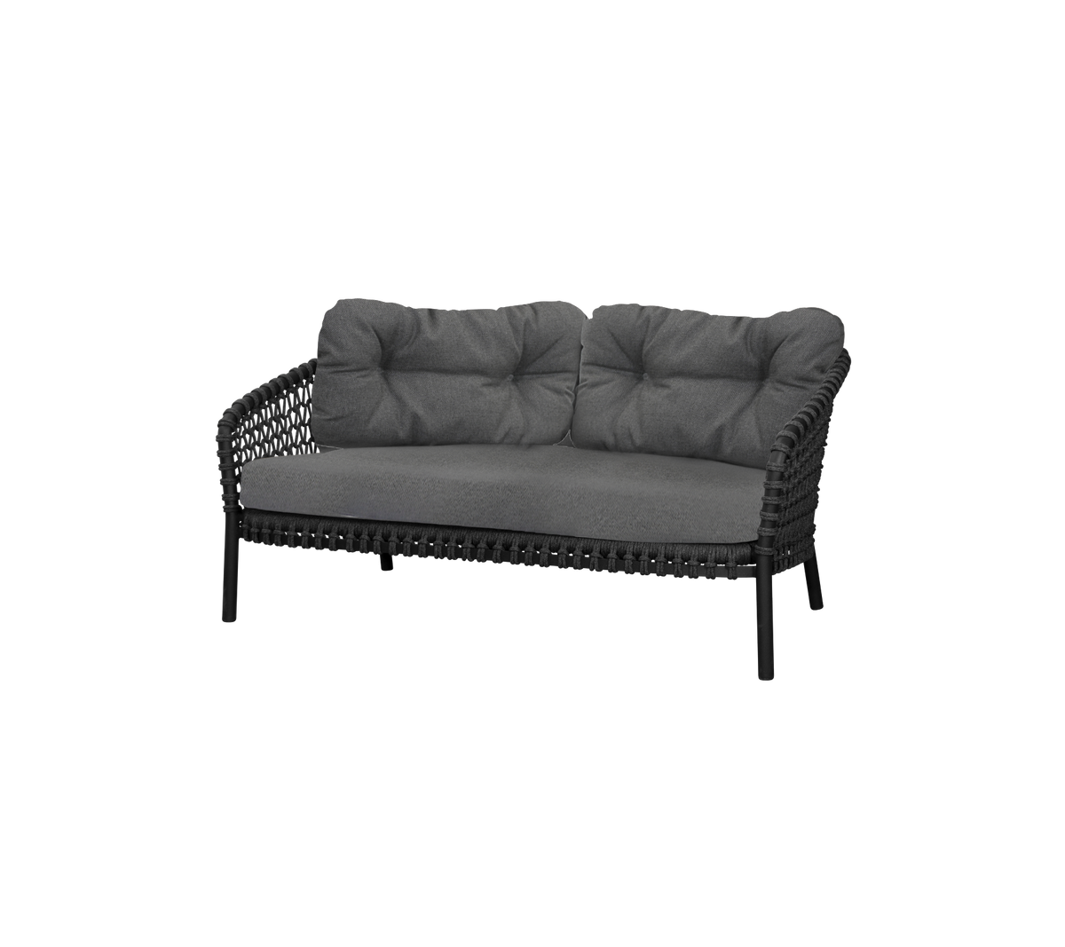 Stilig to-seters sofa med en slank svart ramme og myke grå puter for komfort og eleganse. Perfekt for moderne sittearrangementer.