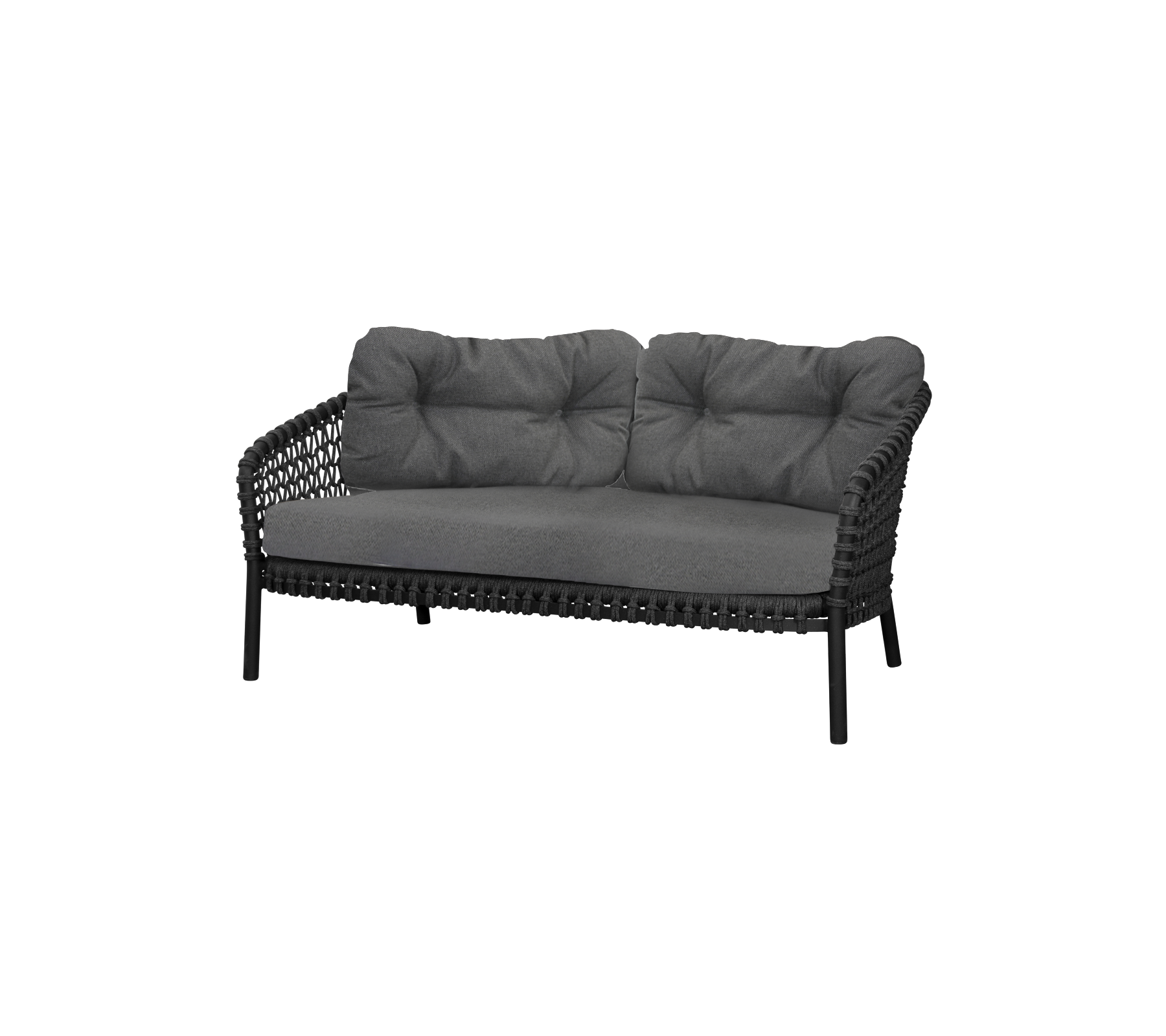 Stilig to-seters sofa med en slank svart ramme og myke grå puter for komfort og eleganse. Perfekt for moderne sittearrangementer.