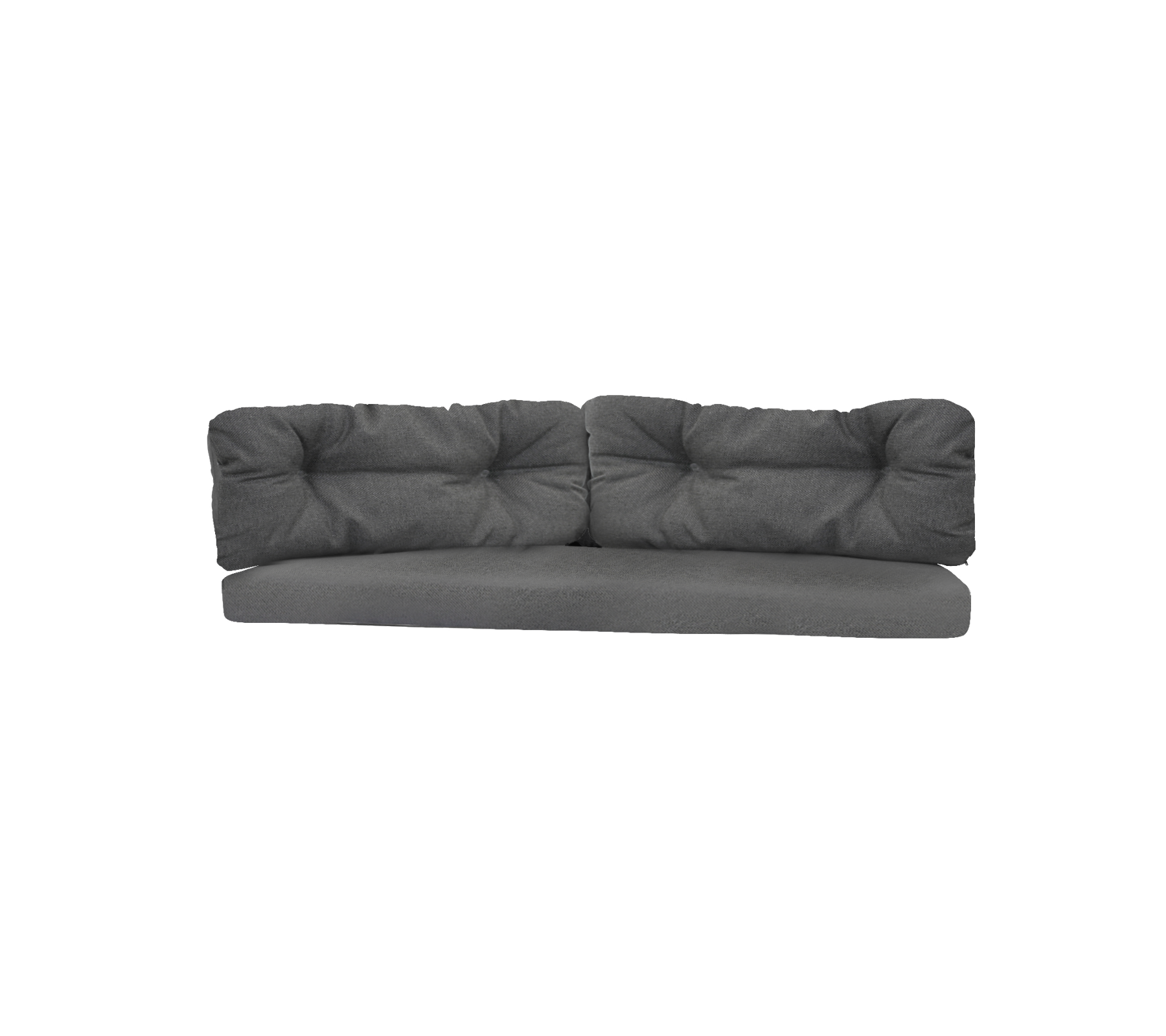 Mørkegrå sofa med tuftede puter, med et moderne design og romslig plass for komfortabel avslapning.