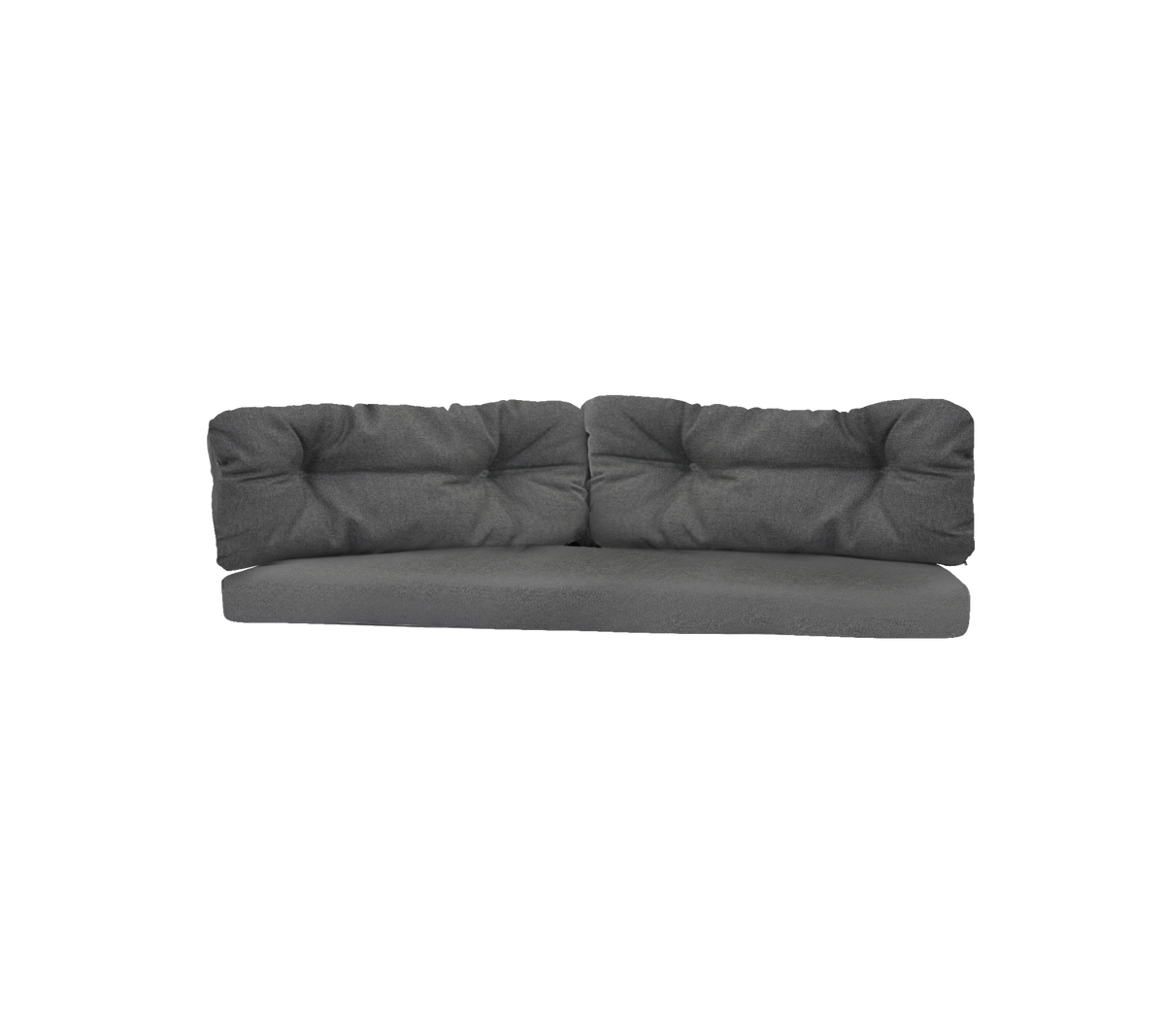 Mørkegrå sofa med tuftede puter, med et moderne design og romslig plass for komfortabel avslapning.