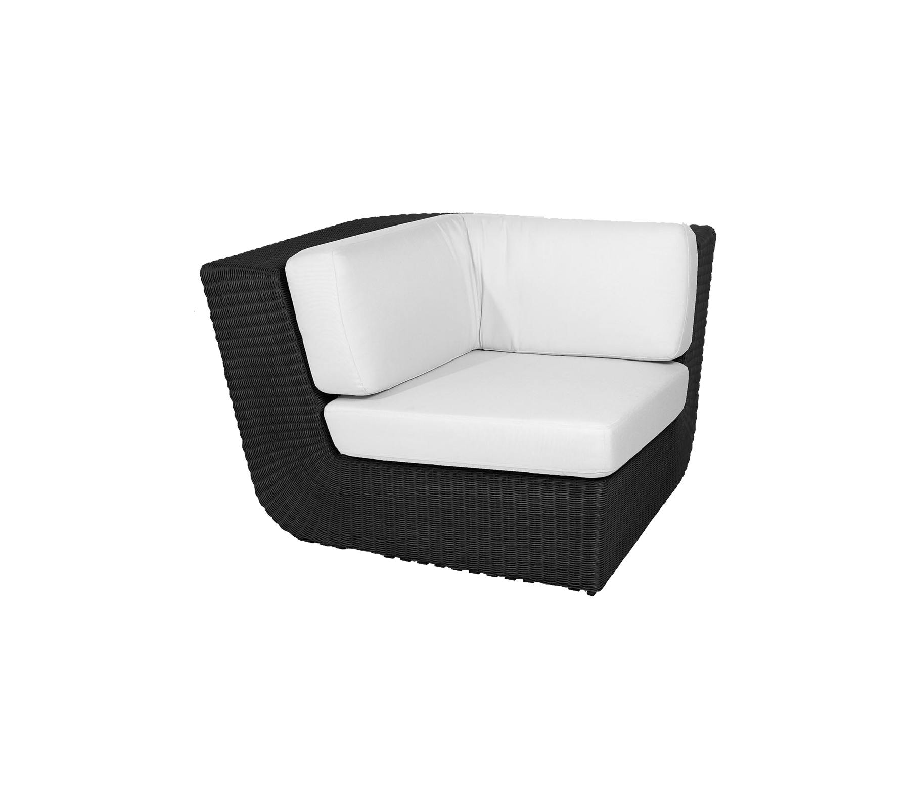 Stilig hjørnestol med et slankt svart vevd design og komfortable hvite puter, perfekt for moderne sitteopplegg.