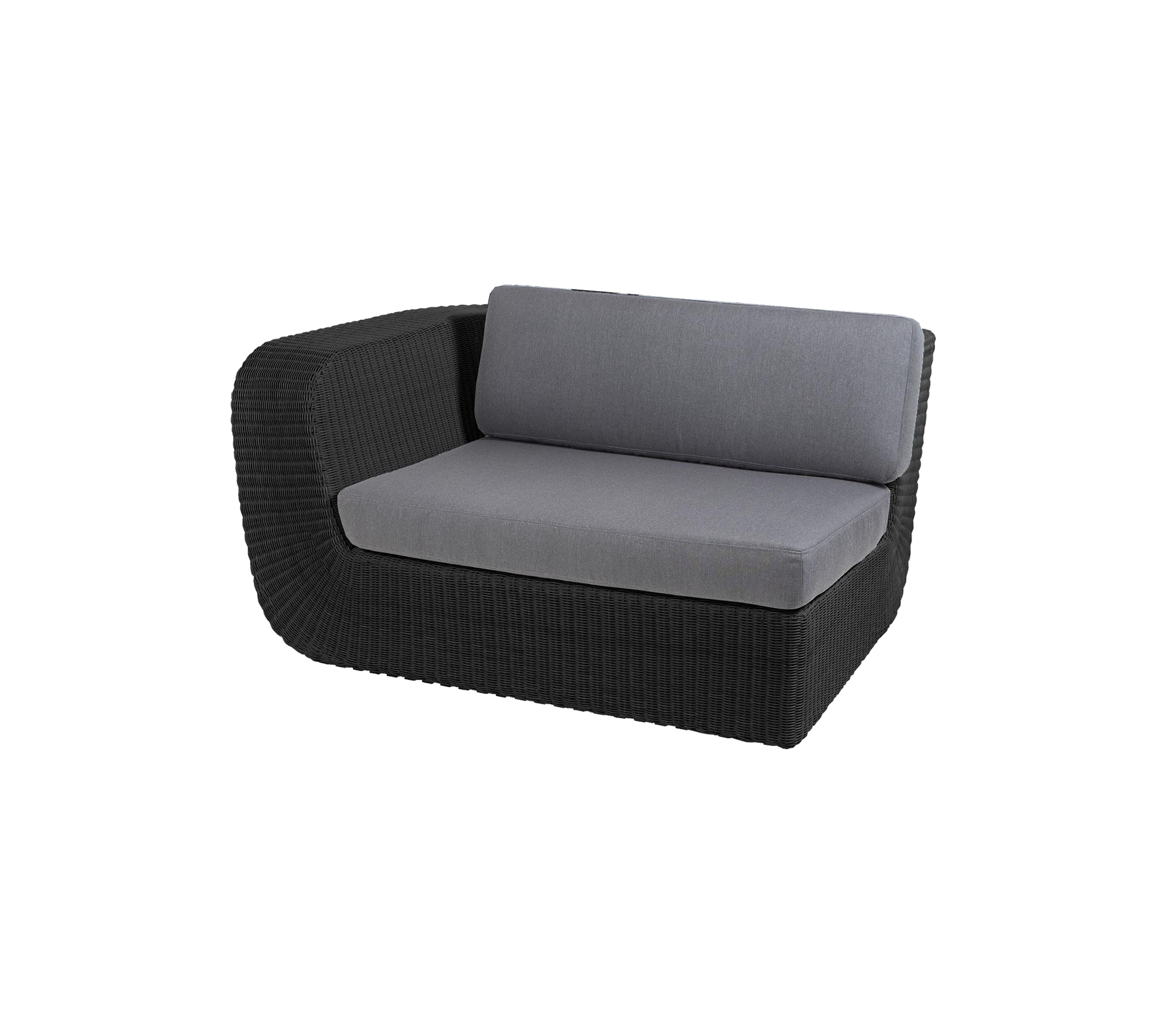 Moderne to-seters sofa med en strømlinjeformet svart flett ramme og myke grå puter for komfort og stil. Ideell for avslapning.
