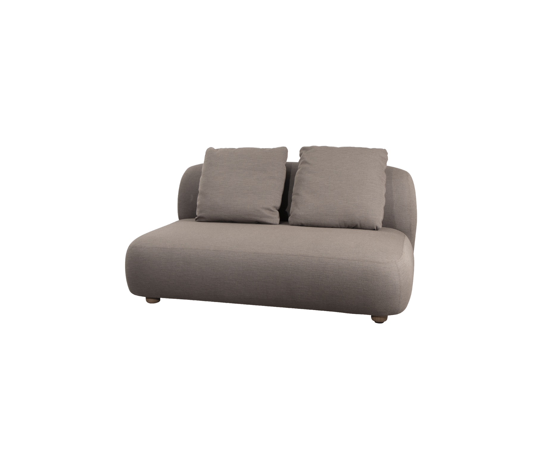 Komfortabel, moderne sofa i et mykt grått stoff med to plushputer, med avrundede kanter for et moderne utseende.