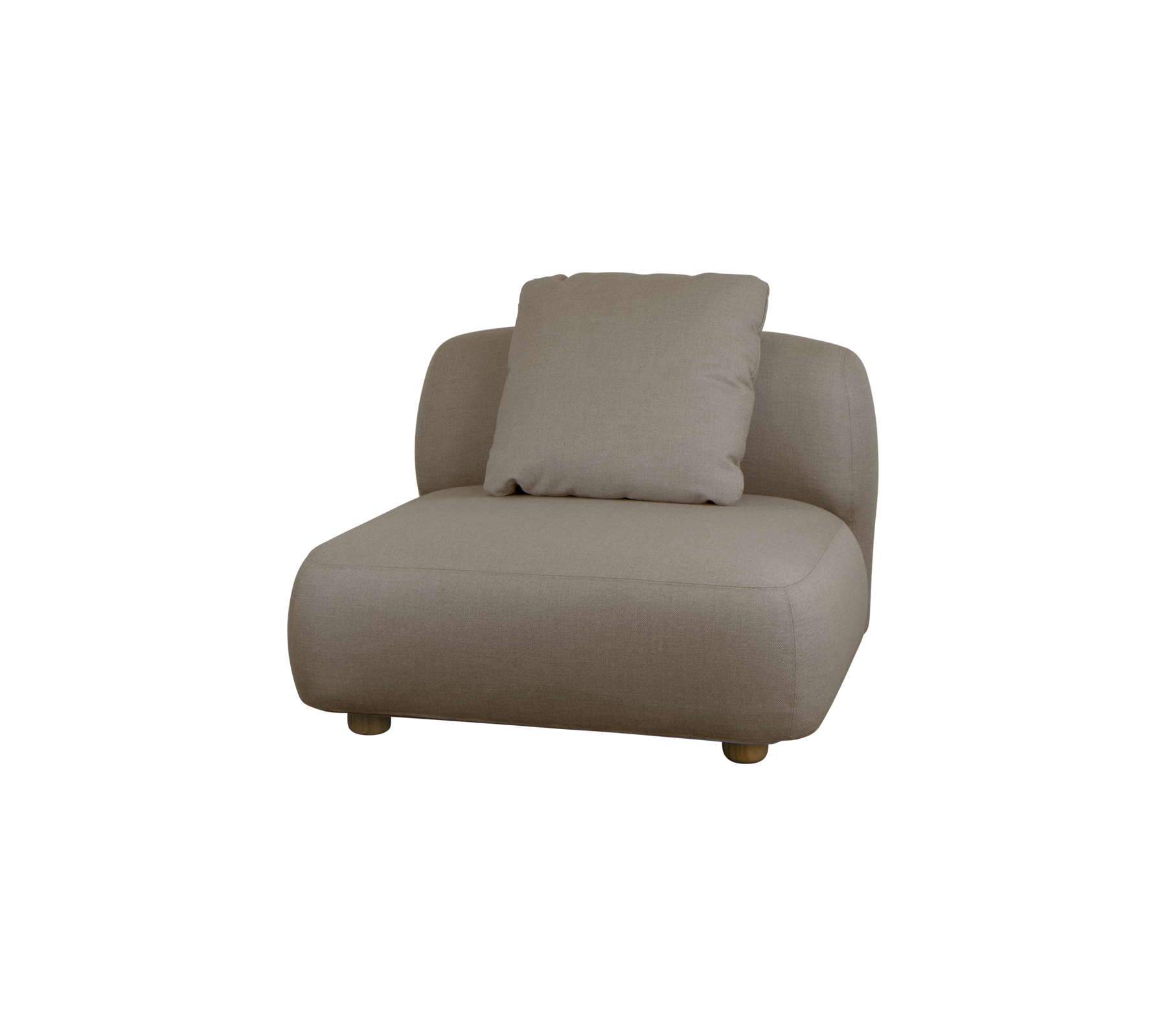 Komfortabel beige stol med en myk ryggpute og avrundede kanter, egnet for avslappet sitting i ulike miljøer.