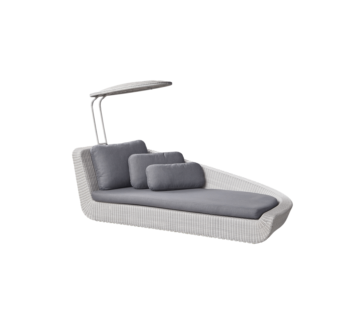 Stilig lenestol med et slankt design, utstyrt med grå puter og et beskyttende tak for ekstra komfort. Perfekt for avslapning.