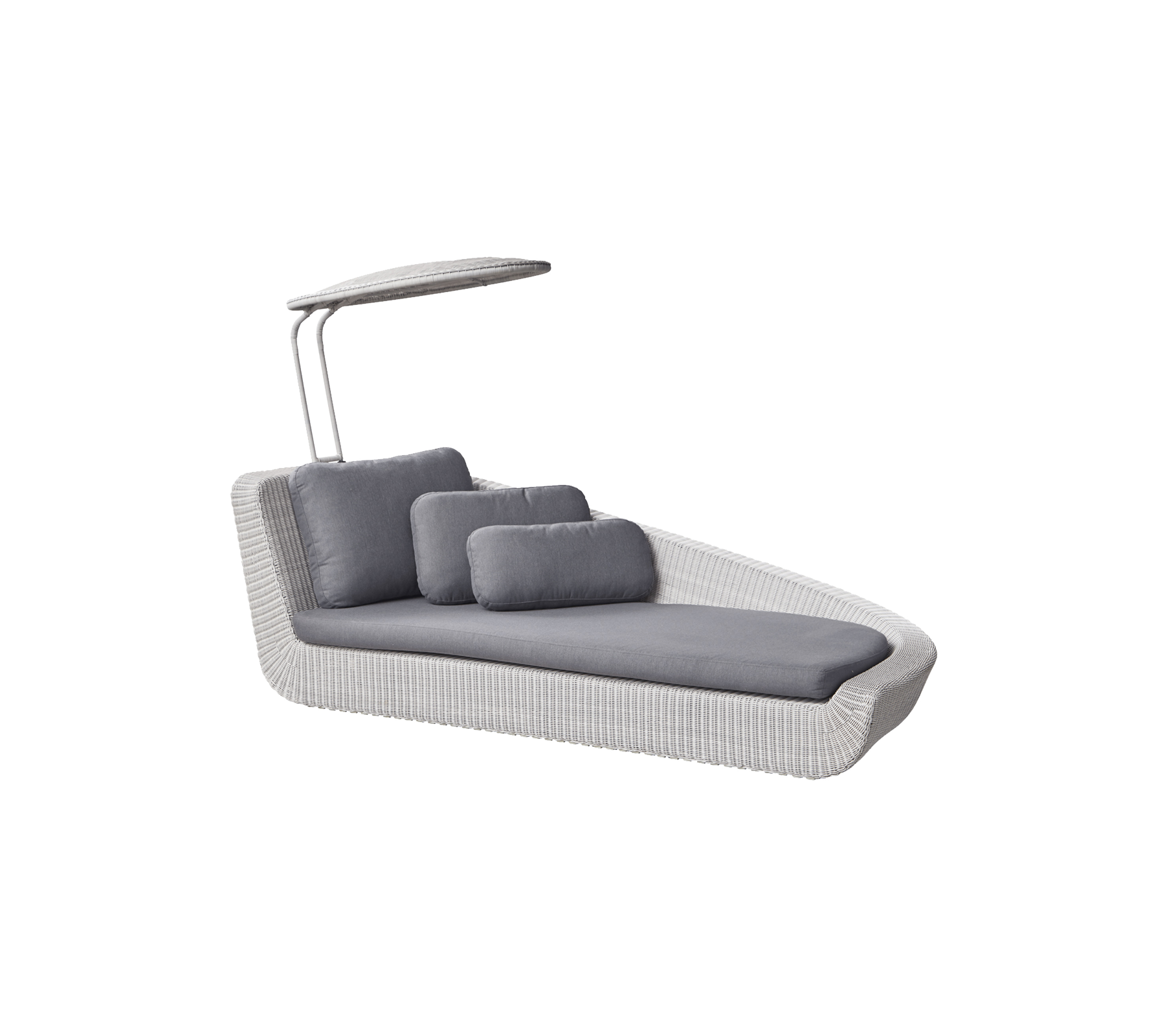 Stilig lenestol med et slankt design, utstyrt med grå puter og et beskyttende tak for ekstra komfort. Perfekt for avslapning.